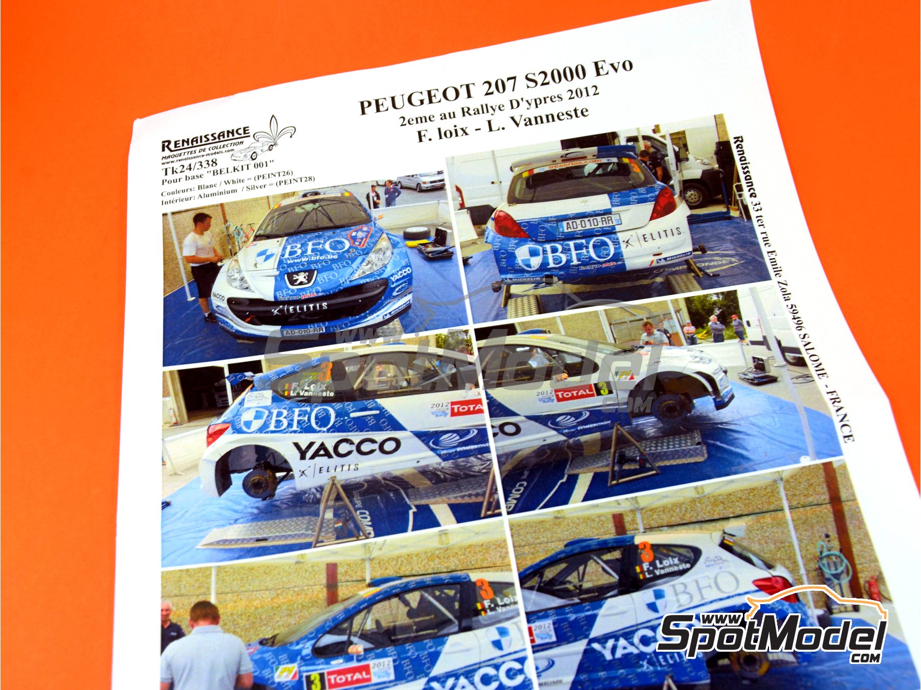 Image 9: Peugeot 207 S2000 Evo sponsored by BFO Yacco - Ypres Rally 2012 | Marking / livery in 1/24 scale manufactured by Renaissance Models (ref.&nbsp;TK24-338, also TK24/338)