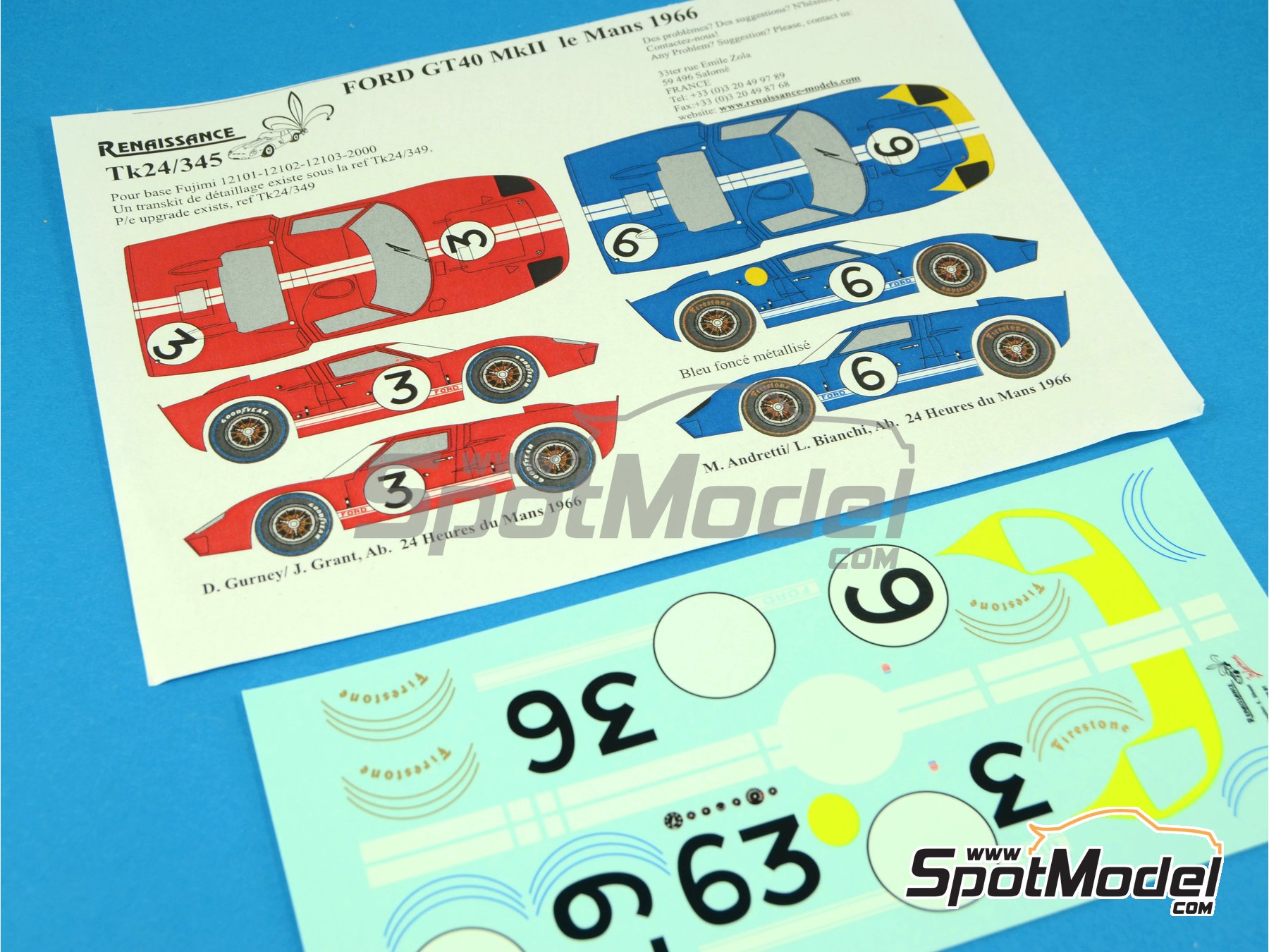 Image 1: Ford GT40 Mk II Shelby American Team sponsored by Ford - 24 Hours Le Mans 1966 | Marking / livery in 1/24 scale manufactured by Renaissance Models (ref.&nbsp;TK24-345, also TK24/345)