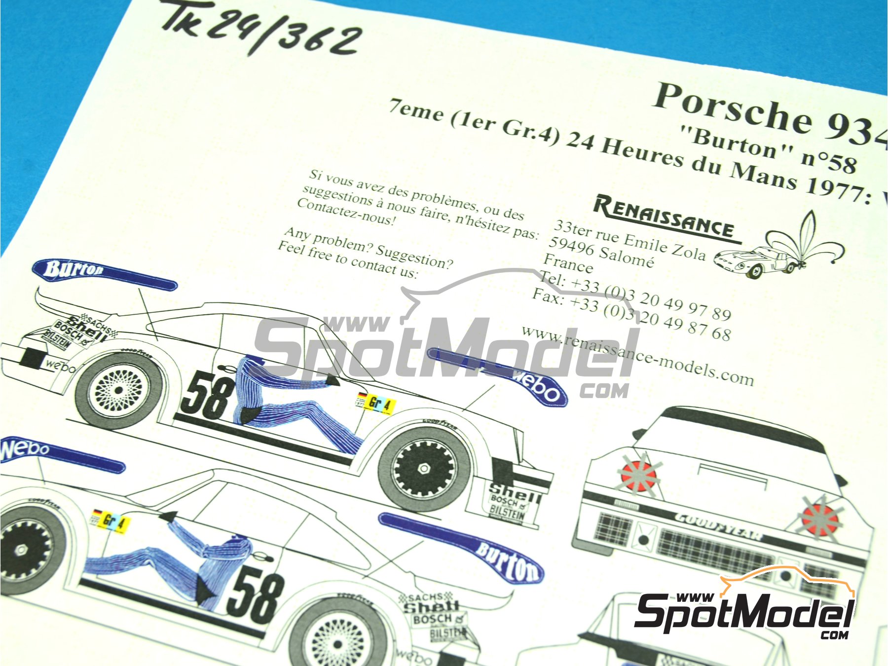 Image 1: Porsche 934 Turbo RSR Group 4 sponsored by Burton Kremer - 24 Hours Le Mans 1977 | Marking / livery in 1/24 scale manufactured by Renaissance Models (ref.&nbsp;TK24-362, also TK24/362)