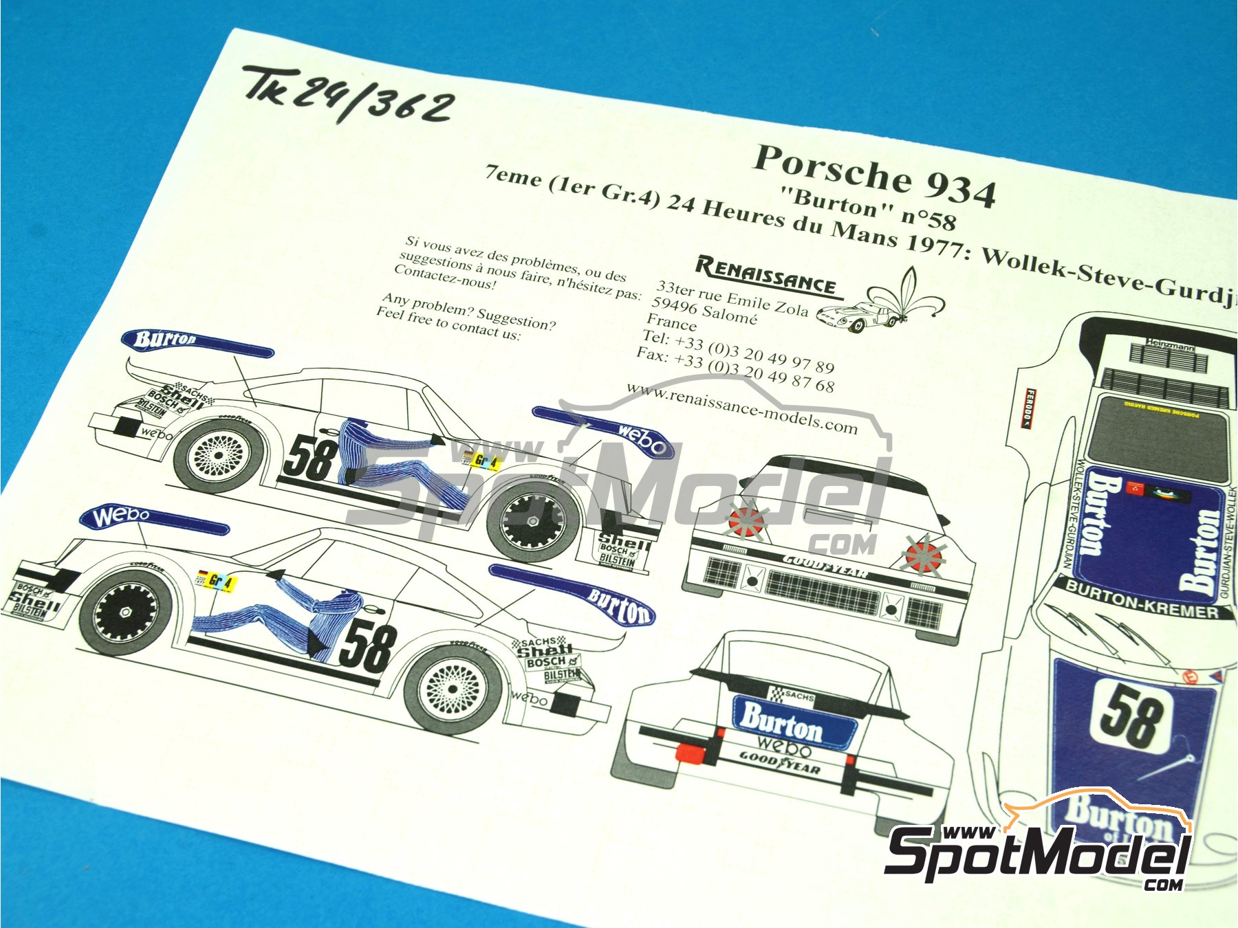 Image 3: Porsche 934 Turbo RSR Group 4 sponsored by Burton Kremer - 24 Hours Le Mans 1977 | Marking / livery in 1/24 scale manufactured by Renaissance Models (ref.&nbsp;TK24-362, also TK24/362)