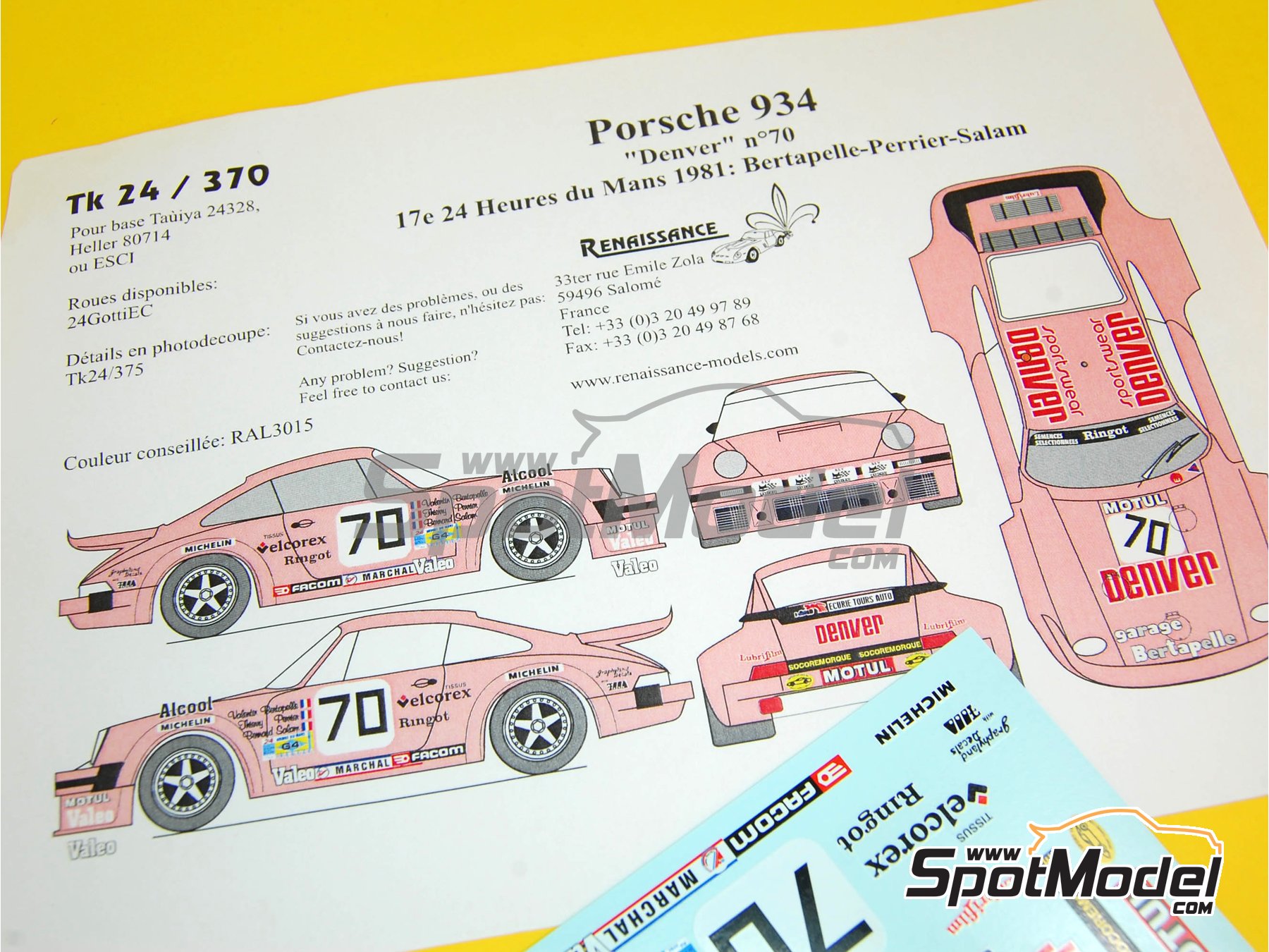 Image 2: Porsche 934 Turbo RSR Group 4 sponsored by Denver Spotwear - 24 Hours Le Mans 1981 | Marking / livery in 1/24 scale manufactured by Renaissance Models (ref.&nbsp;TK24-370, also TK24/370)