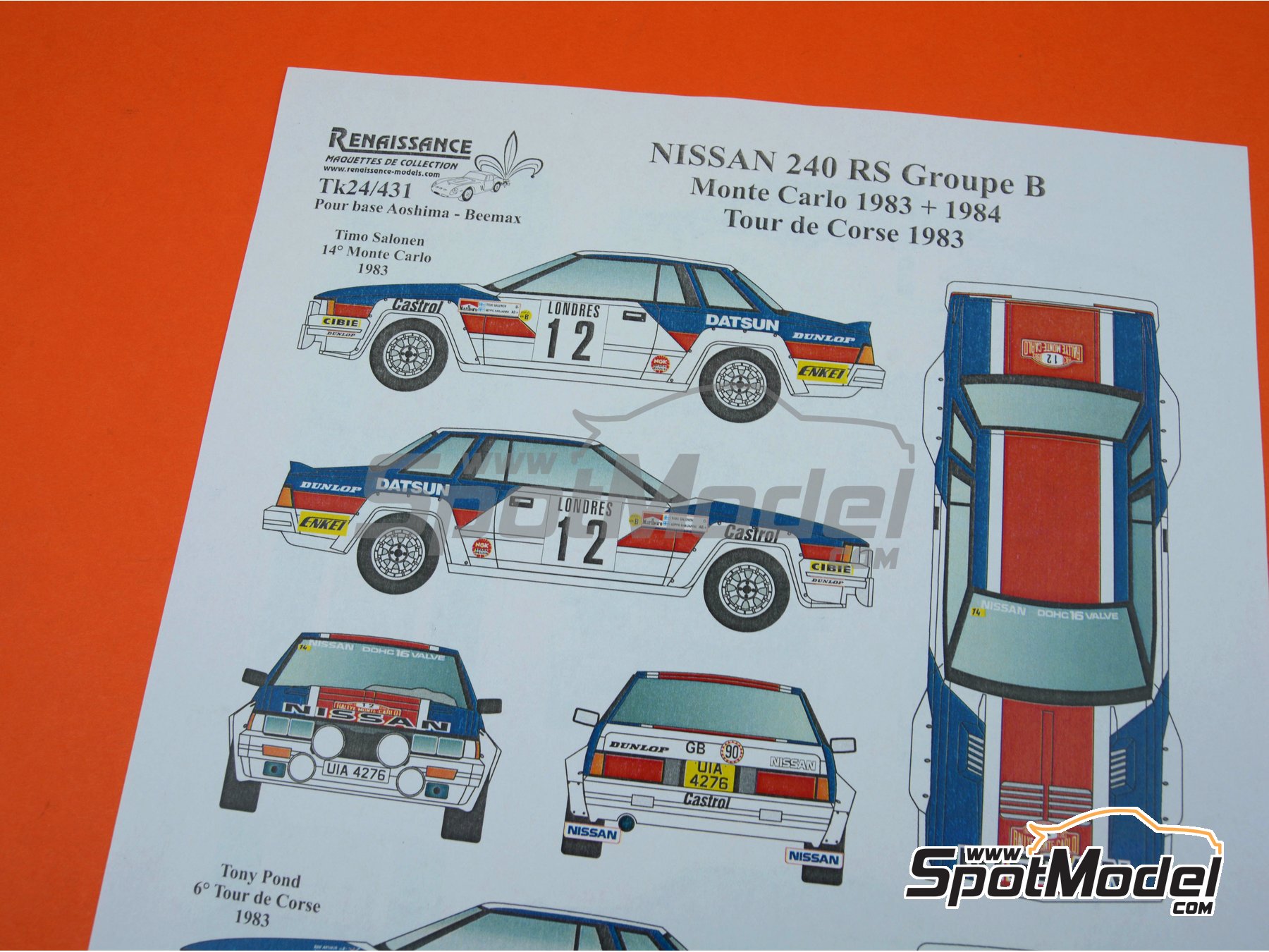 Image 7: Nissan 240RS BS110 Group B sponsored by Dunlop - Monte Carlo Rally - Rallye Automobile de Monte-Carlo, Tour de Corse 1983 and 1984 | Marking / livery in 1/24 scale manufactured by Renaissance Models (ref.&nbsp;TK24-431, also TK24/431)