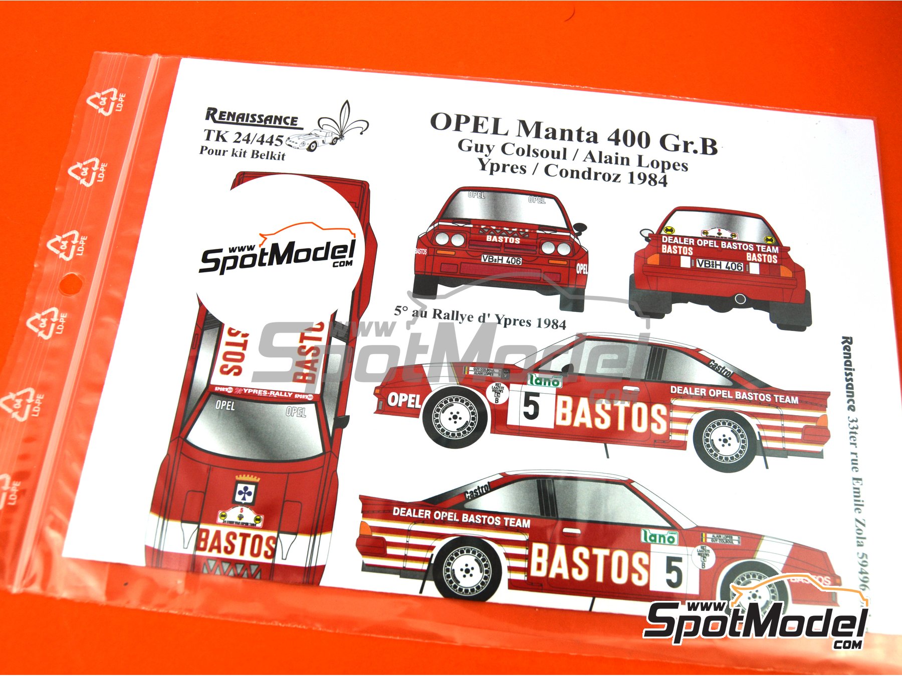 Image 7: Opel Manta 400 Group B Dealer Opel Bastos Team - Condroz Rally - Rallye du Condroz, Ypres Rally 1984 | Marking / livery in 1/24 scale manufactured by Renaissance Models (ref. TK24-445, also TK24/445)
