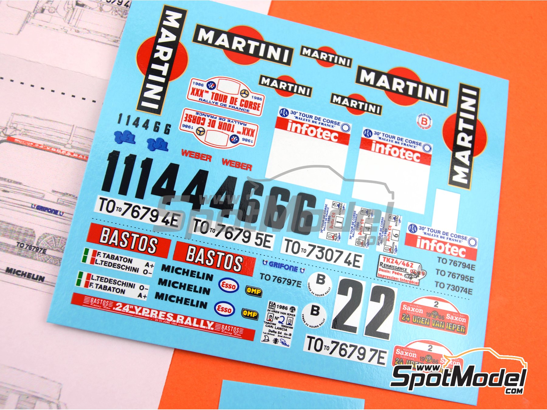Image 1: Lancia Delta S4 Martini Lancia Team - Ypres 24 Hours Rally, Tour de Corse Rallye de France 1986 | Marking / livery in 1/24 scale manufactured by Renaissance Models (ref.&nbsp;TK24-462, also TK24/462)