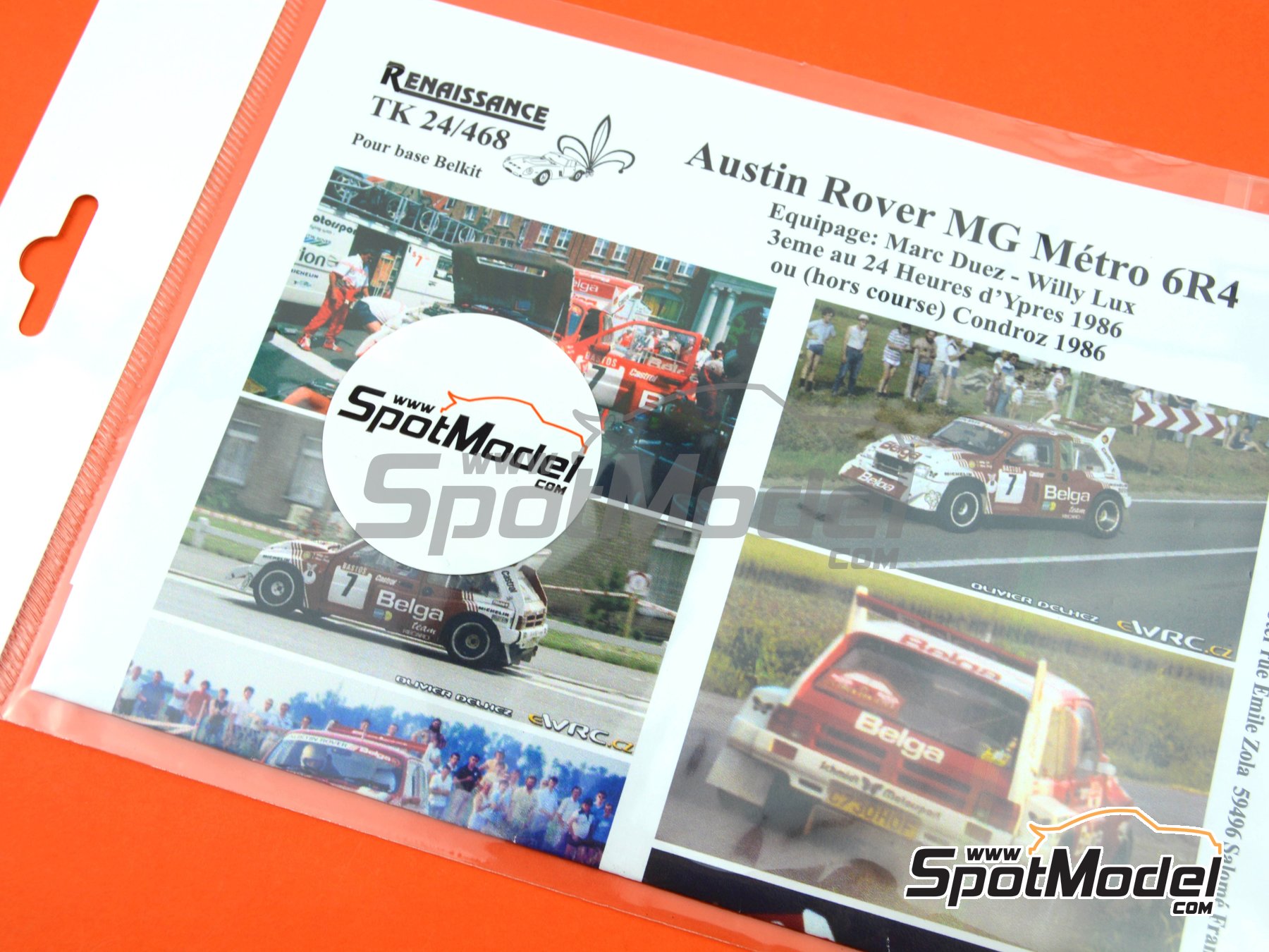 Image 3: MG Metro 6R4 Group B Austin Rallying Team sponsored by Belga - Ypres 24 Hours Rally, Condroz Rally - Rallye du Condroz 1986 | Marking / livery in 1/24 scale manufactured by Renaissance Models (ref.&nbsp;TK24-468, also TK24/468)