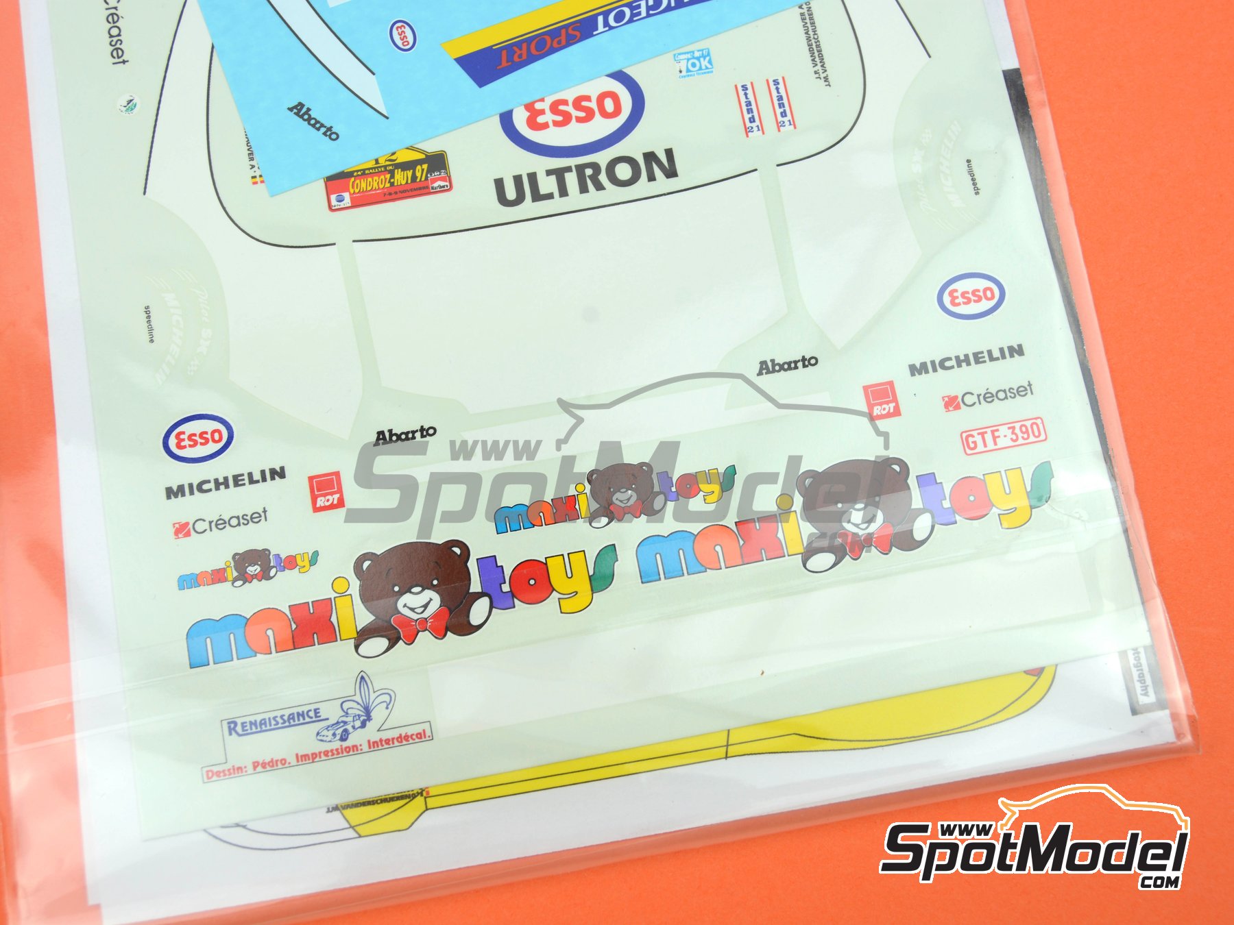 Image 9: Peugeot 306 Maxi Evo1 patrocinado por Maxi-Toys - Rally Condroz de B&eacute;lgica - Rallye du Condroz 1997 | Decoraci&oacute;n en escala&nbsp;1/24 fabricado por Renaissance Models (ref.&nbsp;TK24-473, tambien TK24/473)