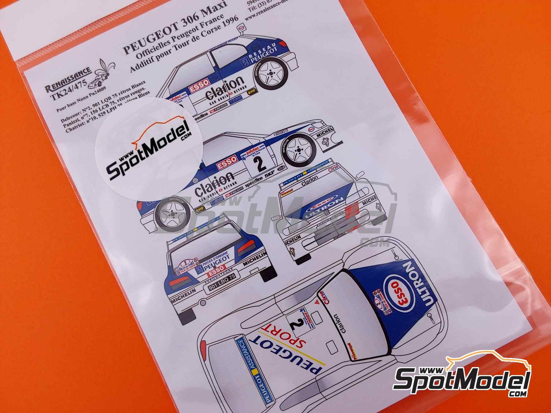 Image 1: Peugeot 306 Maxi Evo1 Peugeot Sport Team - Tour de Corse Rallye de France 1996 | Marking / livery in 1/24 scale manufactured by Renaissance Models (ref.&nbsp;TK24-475, also TK24/475)