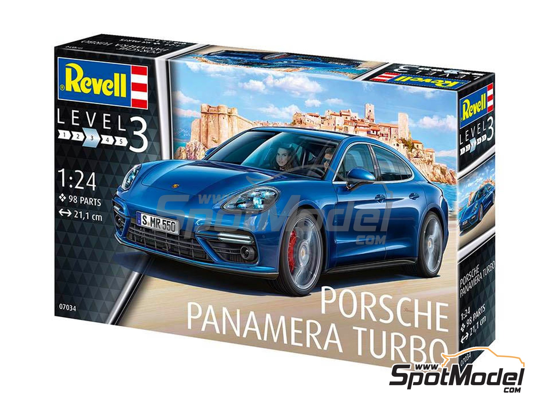 Porsche Panamera Turbo. Model car kit in 1/24 scale manufactured by Revell  (ref. REV07034, also 4009803070346 and 07034)