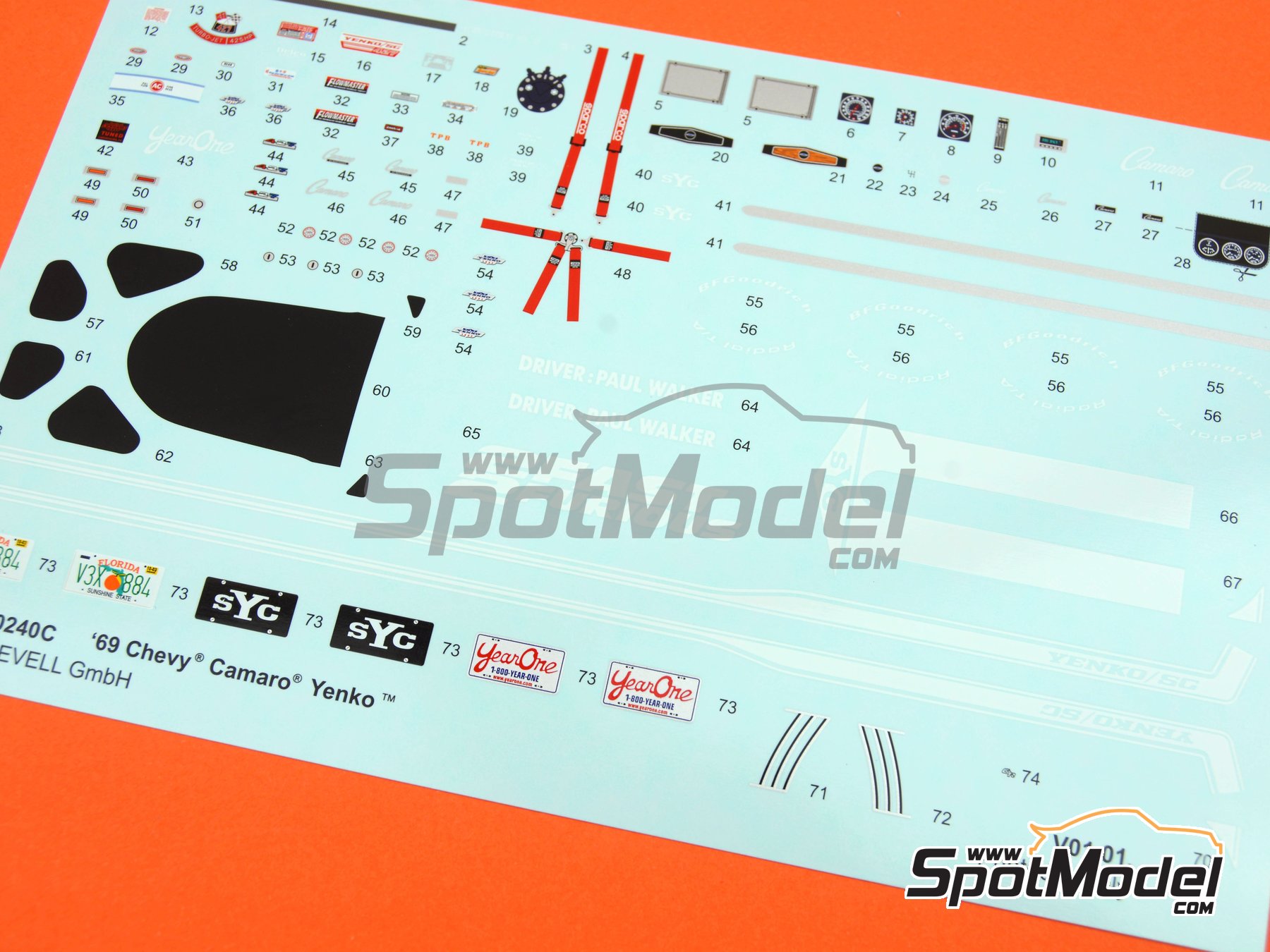 Image 12: Chevrolet Camaro sponsored by Fast & Furious -  1969 | Car scale model kit in 1/25 scale manufactured by Revell (ref.&nbsp;REV07694, also 4009803007694 and 07694)