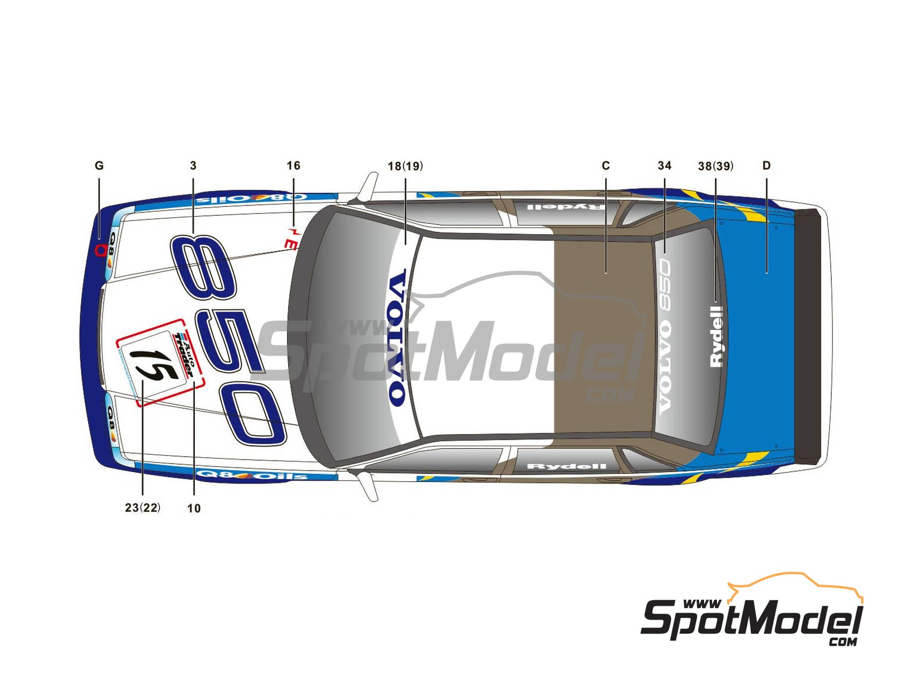 Image 2: Volvo 850 Saloon Equipo TWR patrocinado por Q8 Oils - Campeonato Ingl&eacute;s de Turismos - BTCC 1995 | Decoraci&oacute;n en escala&nbsp;1/24 fabricado por SK Decals (ref.&nbsp;SK-24019, tambien SK24019)