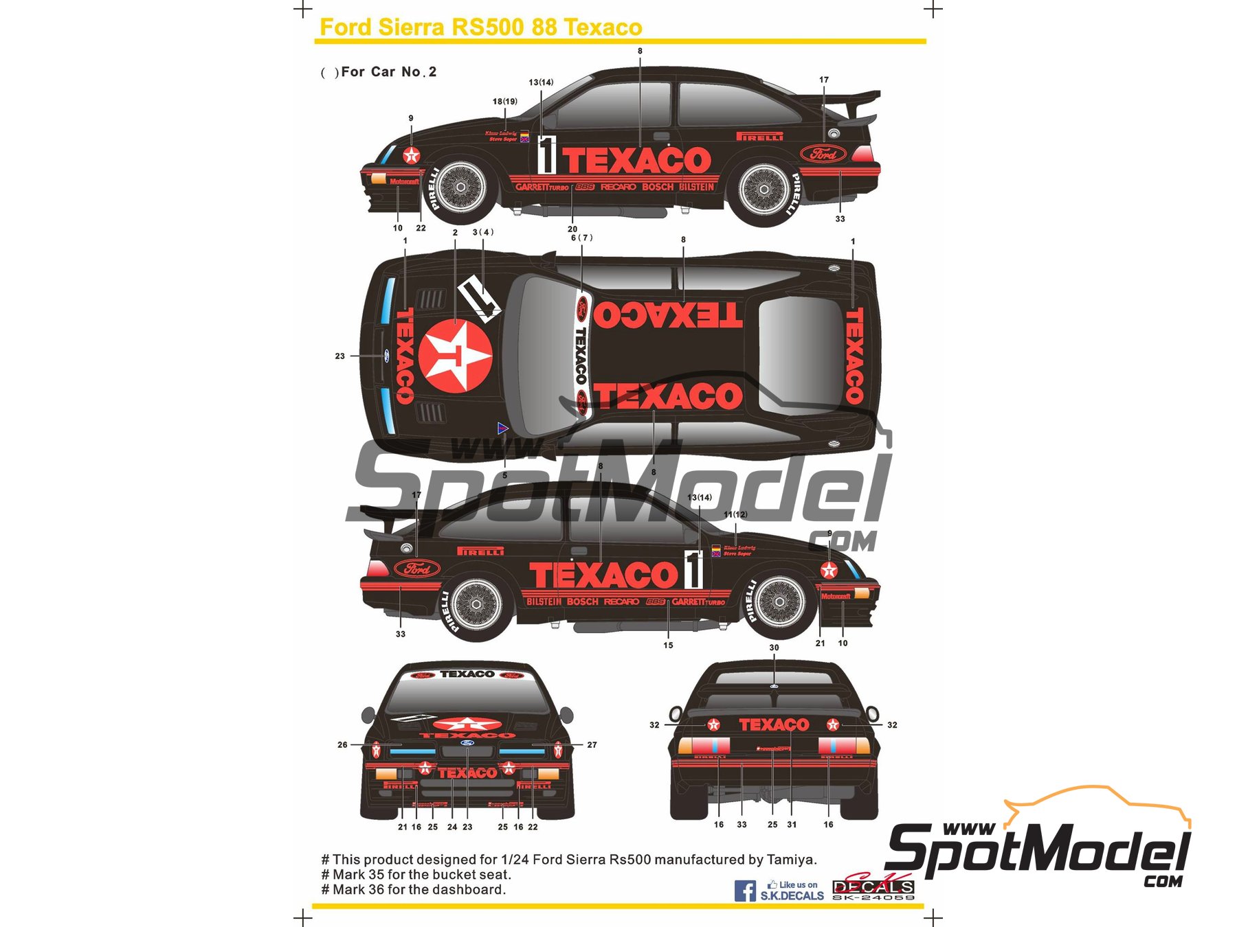 Image 1: Ford Sierra RS500 Group A sponsored by Eggenberger Texaco - European Touring Car Championship ETCC 1988 | Marking / livery in 1/24 scale manufactured by SK Decals (ref. SK-24059, also SK24059)