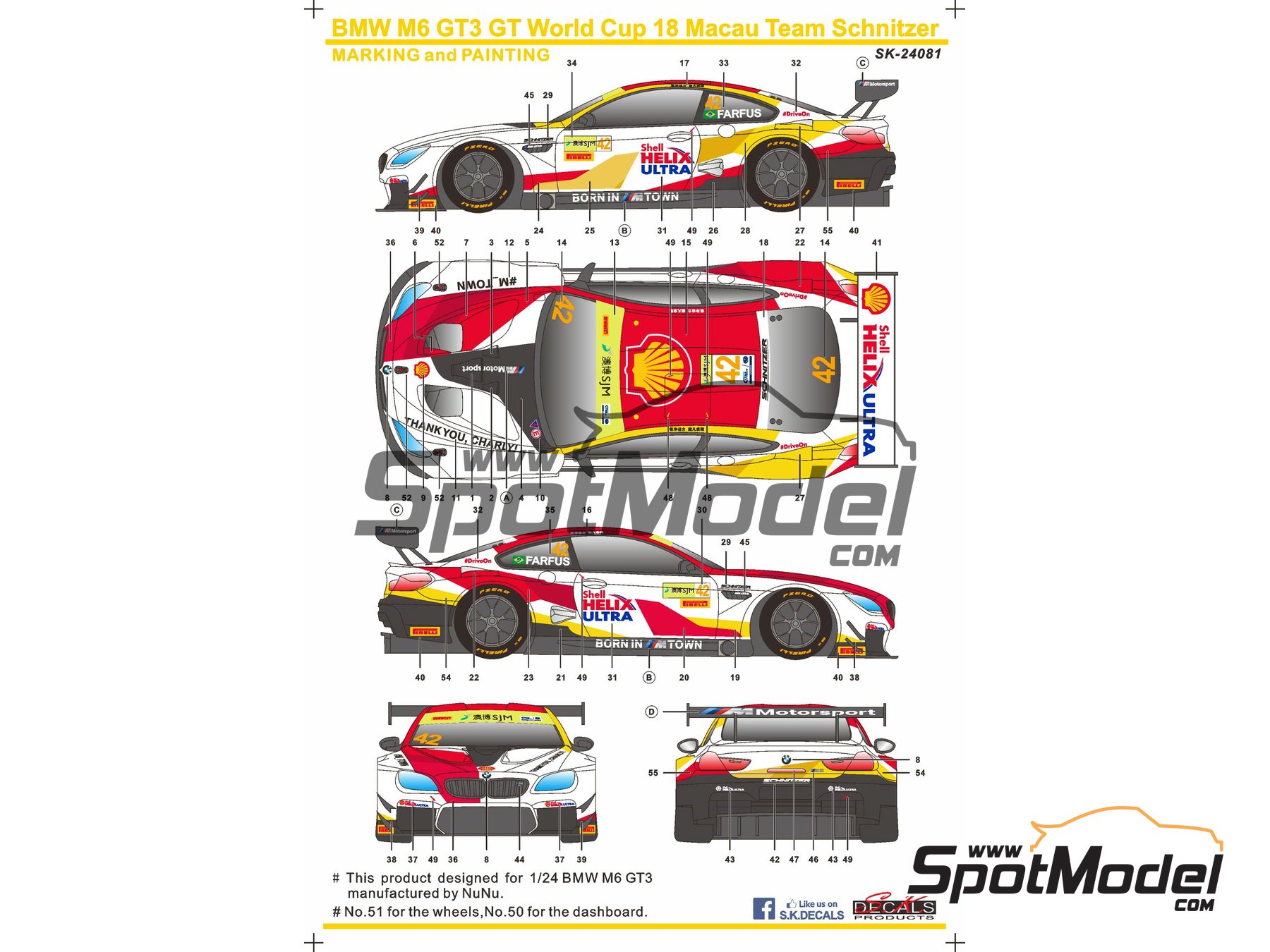 Image 1: BMW M6 GT3 Equipo Schnitzer Shell - Macau FIA GT World Cup Championship 2018 | Decoraci&oacute;n en escala&nbsp;1/24 fabricado por SK Decals (ref.&nbsp;SK-24081, tambien SK24081)