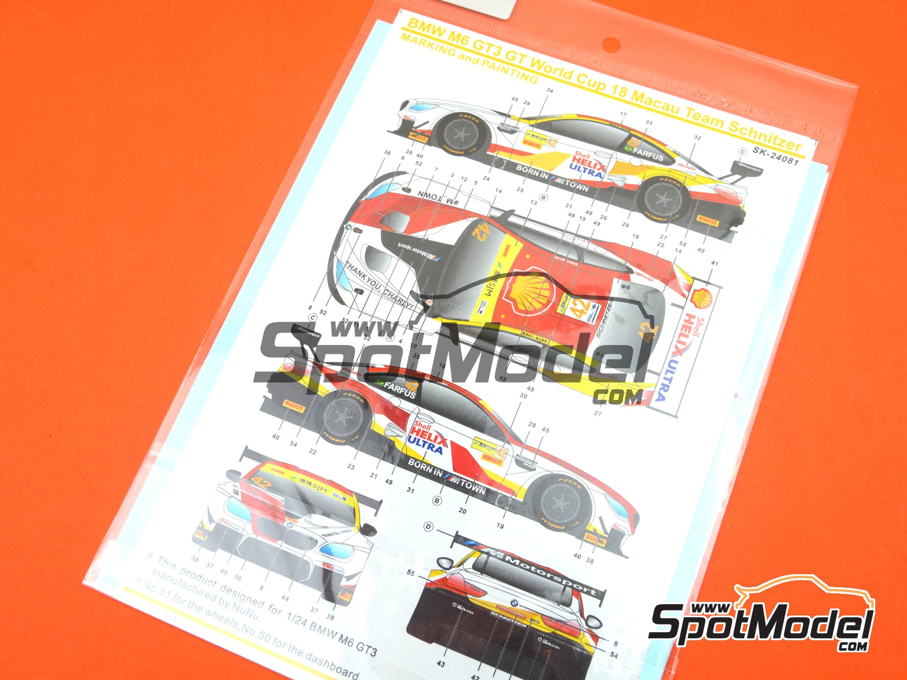 Image 2: BMW M6 GT3 Equipo Schnitzer Shell - Macau FIA GT World Cup Championship 2018 | Decoraci&oacute;n en escala&nbsp;1/24 fabricado por SK Decals (ref.&nbsp;SK-24081, tambien SK24081)