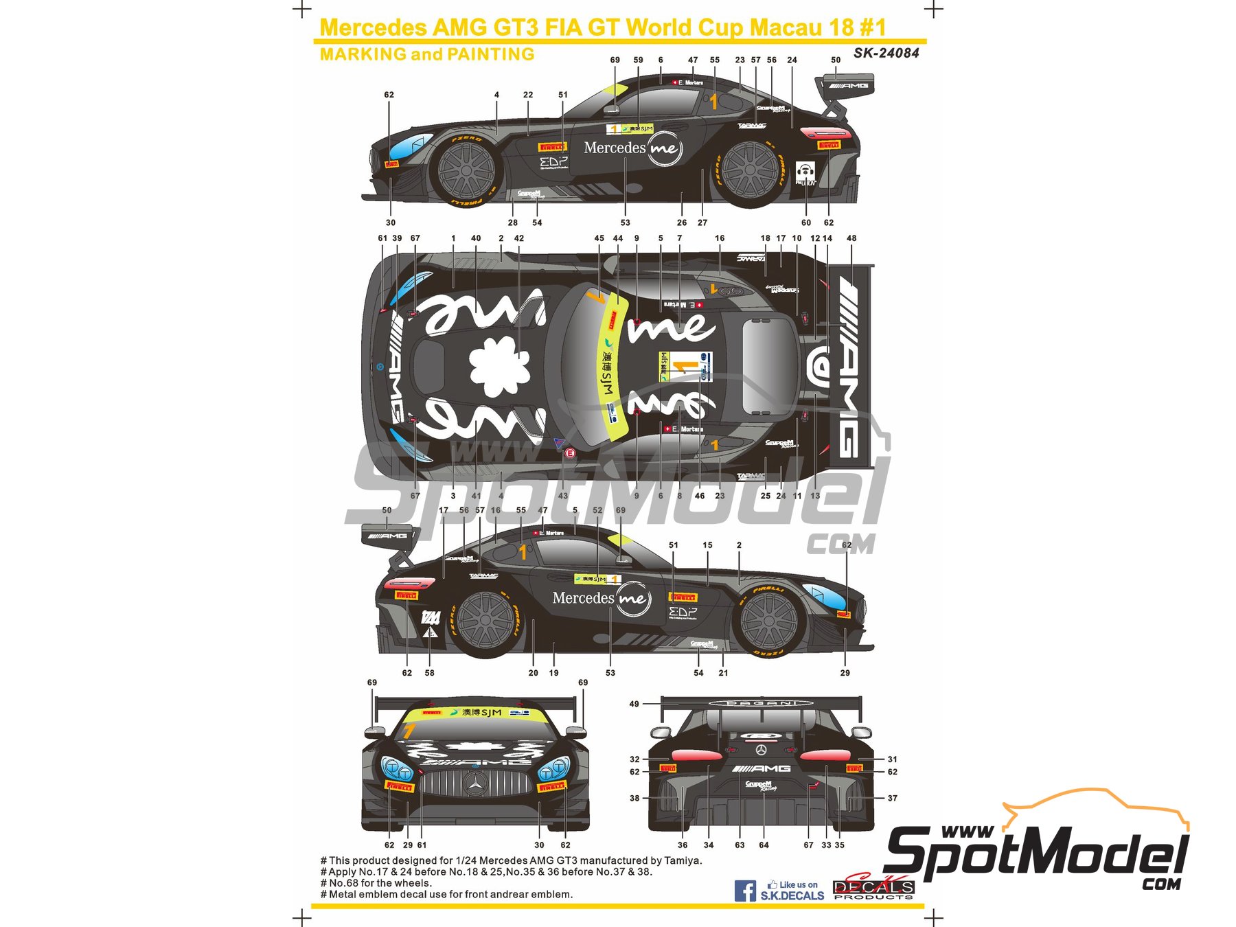 Image 1: Mercedes Benz AMG GT3 Equipo GruppeM Racing - Macau FIA GT World Cup Championship 2018 | Decoración en escala 1/24 fabricado por SK Decals (ref. SK-24084, tambien SK24084)