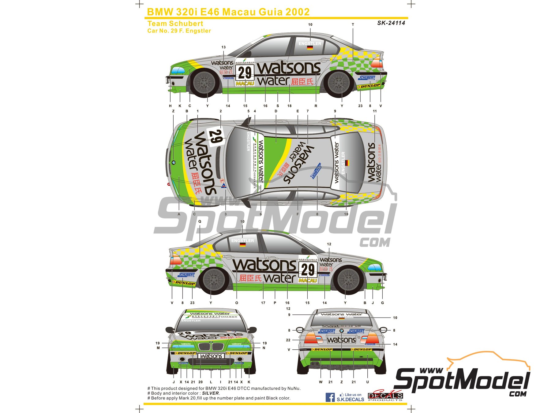 Image 1: BMW 320i E46 Schubert Team sponsored by Watsons water - Guia Race of Macau 2002 | Marking / livery in 1/24 scale manufactured by SK Decals (ref.&nbsp;SK-24114, also SK24114)