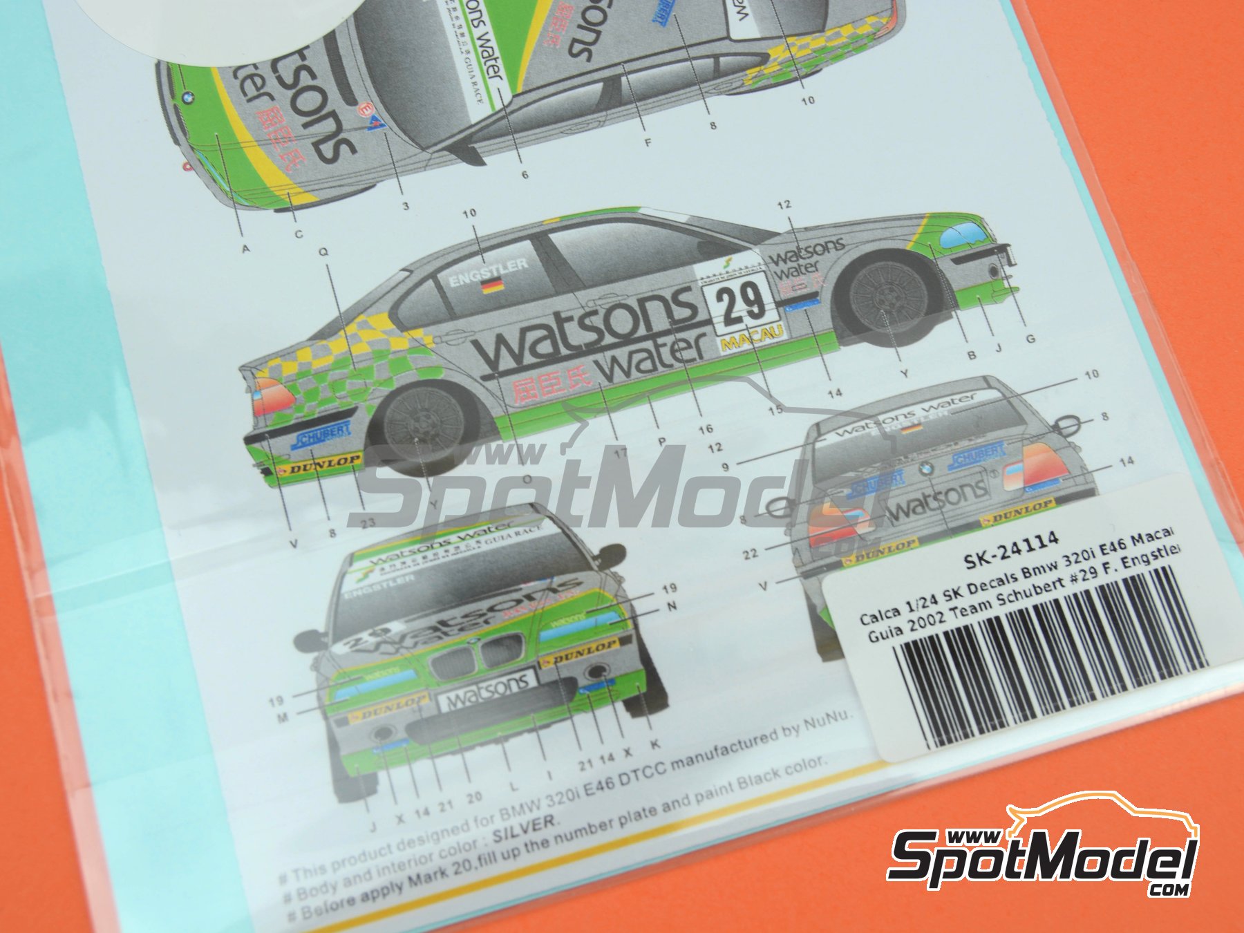 Image 6: BMW 320i E46 Schubert Team sponsored by Watsons water - Guia Race of Macau 2002 | Marking / livery in 1/24 scale manufactured by SK Decals (ref.&nbsp;SK-24114, also SK24114)