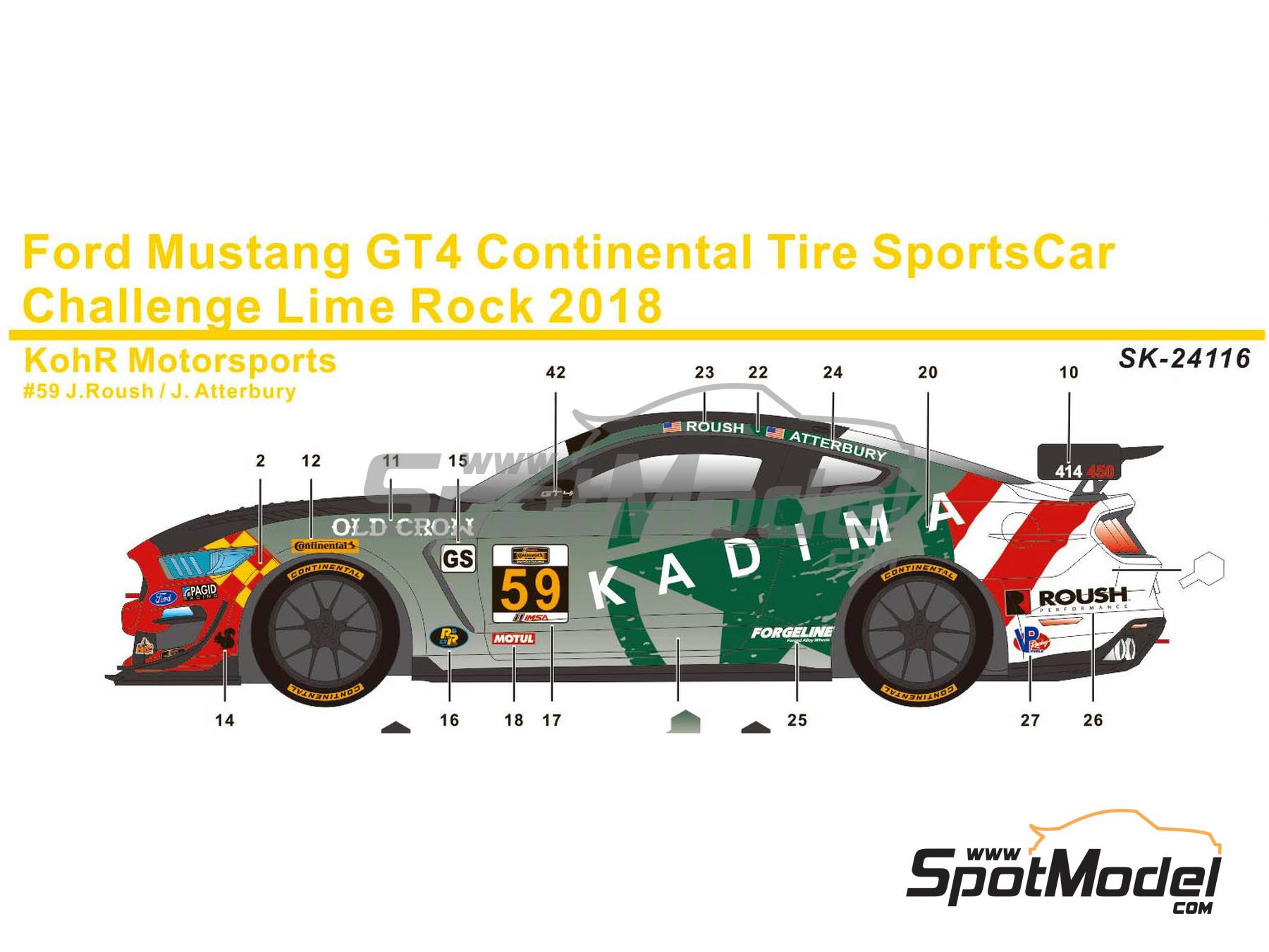 Image 1: Ford Mustang GT4 Equipo KohR Motorsports patrocinado por Kadima - Continental Tire SportsCar Challenge - Lime Rock 2018 | Decoraci&oacute;n en escala&nbsp;1/24 fabricado por SK Decals (ref.&nbsp;SK-24116, tambien SK24116)