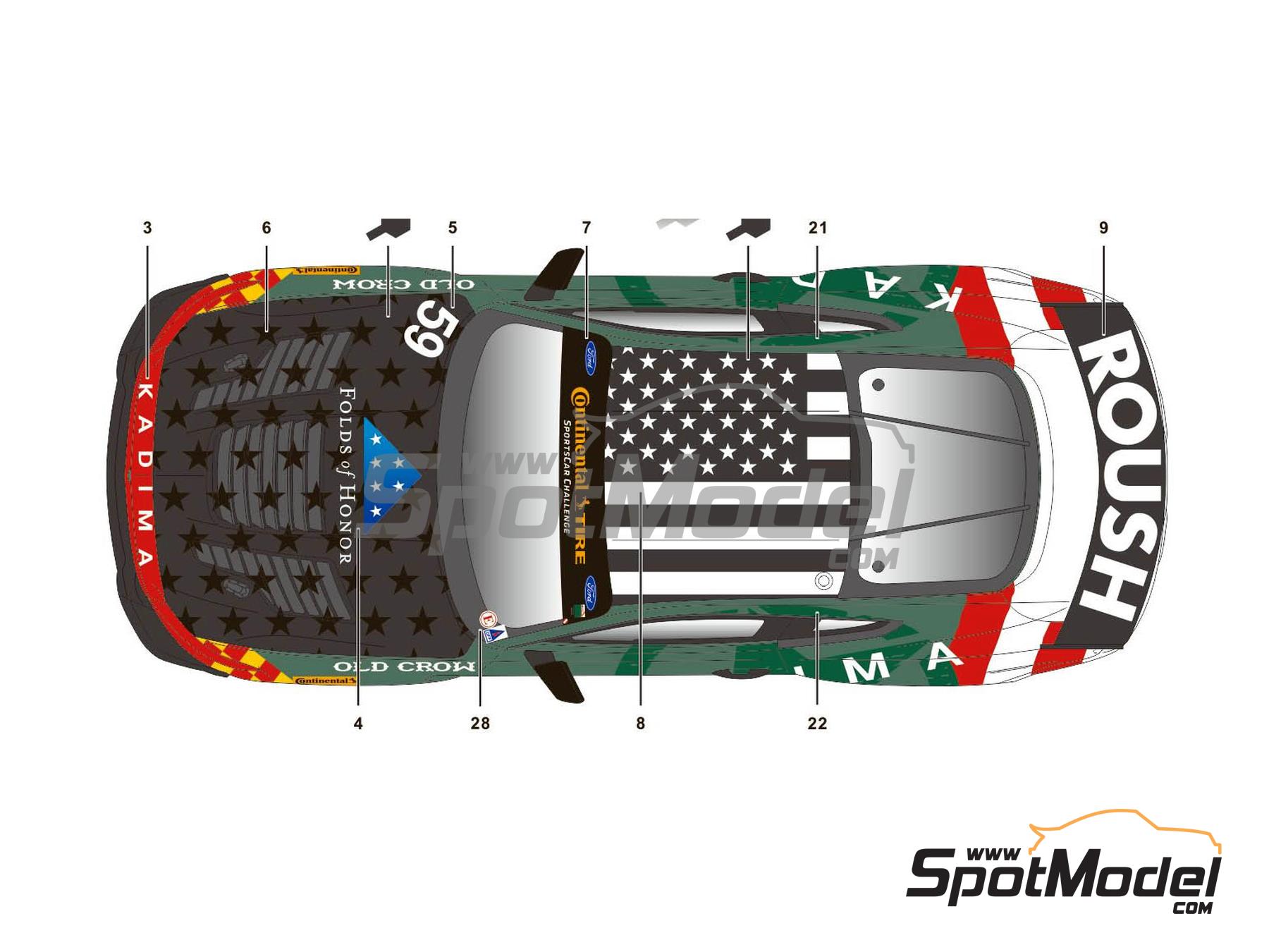 Image 2: Ford Mustang GT4 Equipo KohR Motorsports patrocinado por Kadima - Continental Tire SportsCar Challenge - Lime Rock 2018 | Decoraci&oacute;n en escala&nbsp;1/24 fabricado por SK Decals (ref.&nbsp;SK-24116, tambien SK24116)