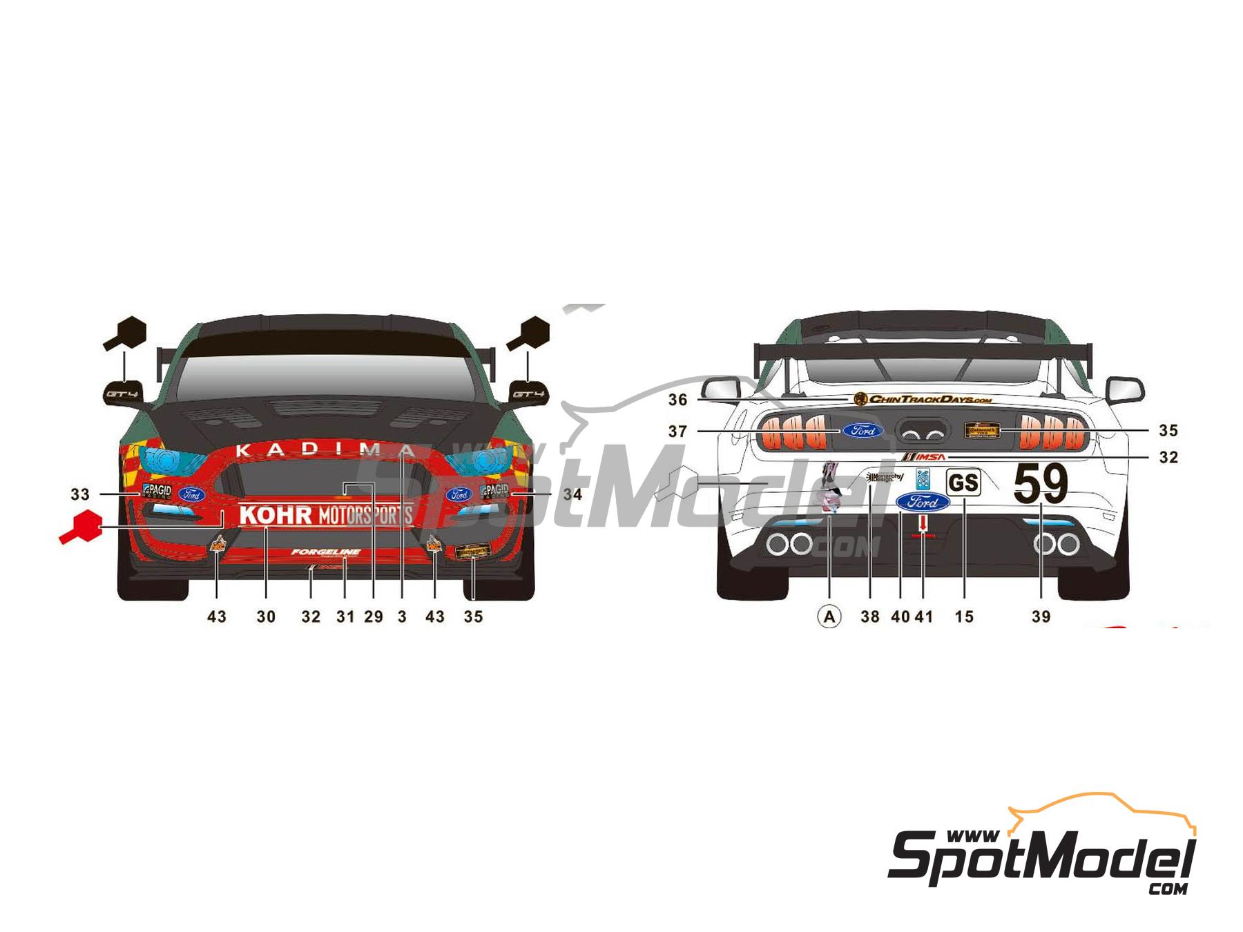 Image 4: Ford Mustang GT4 Equipo KohR Motorsports patrocinado por Kadima - Continental Tire SportsCar Challenge - Lime Rock 2018 | Decoraci&oacute;n en escala&nbsp;1/24 fabricado por SK Decals (ref.&nbsp;SK-24116, tambien SK24116)