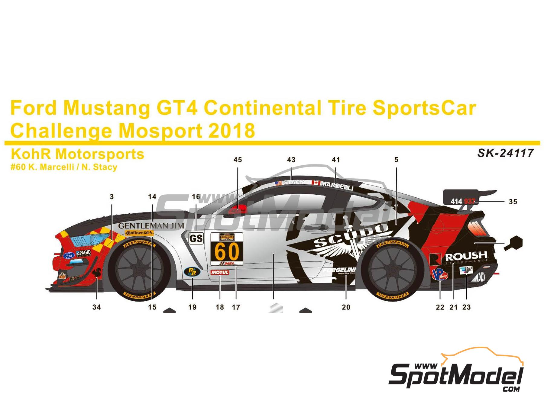 Image 1: Ford Mustang GT4 KohR Motorsports Team sponsored by Roush Scudo - Continental Tire SportsCar Challenge - Mosport 2018 | Marking / livery in 1/24 scale manufactured by SK Decals (ref.&nbsp;SK-24117, also SK24117)