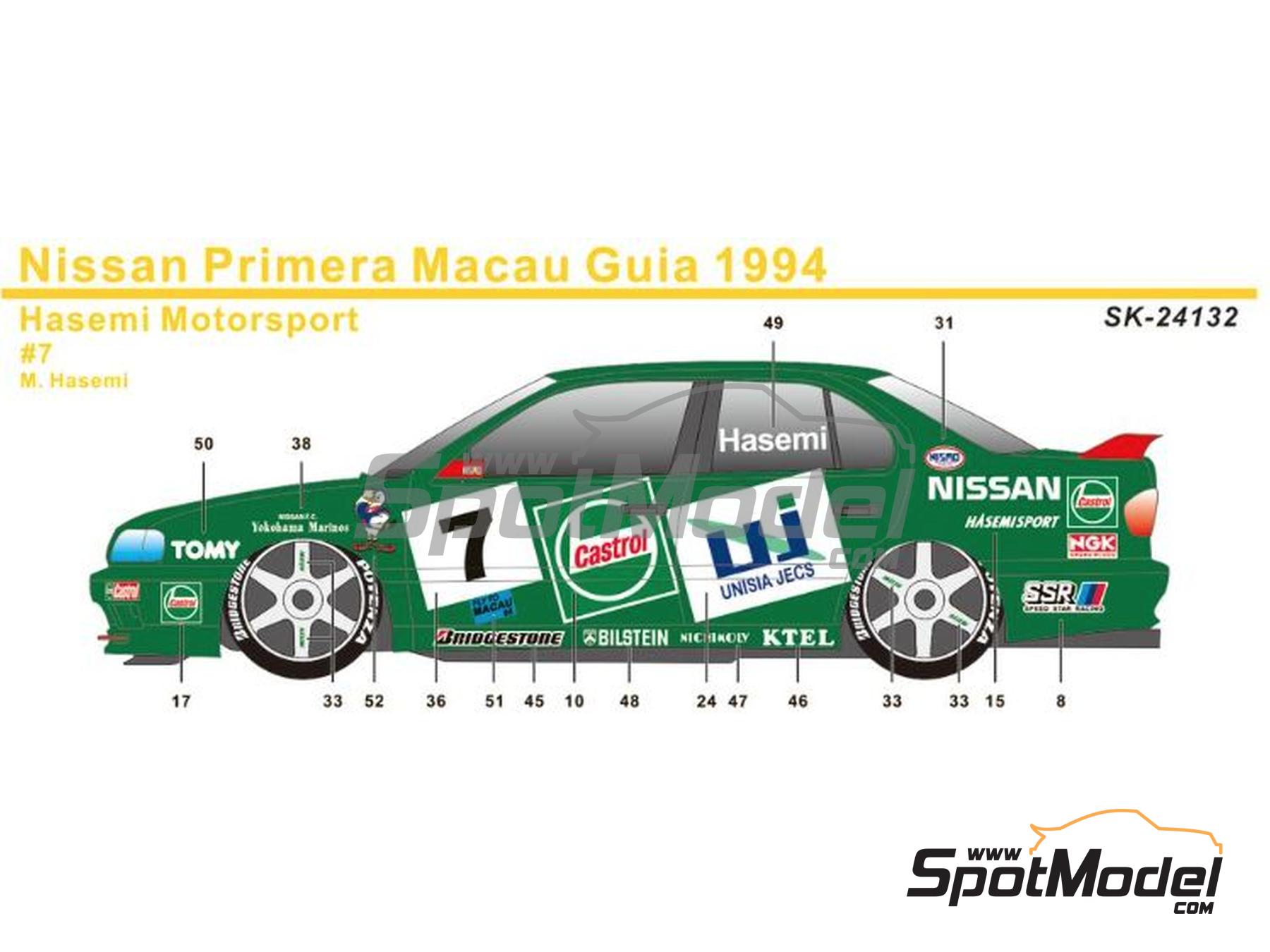 Image 5: Nissan Primera Equipo Hasemi Motorsport patrocinado por Castrol, Unisia Jecs - Campeonato Japones de Turismos (JTCC), Guia Race de Macau 1994 | Decoraci&oacute;n en escala&nbsp;1/24 fabricado por SK Decals (ref.&nbsp;SK-24132, tambien SK24132)