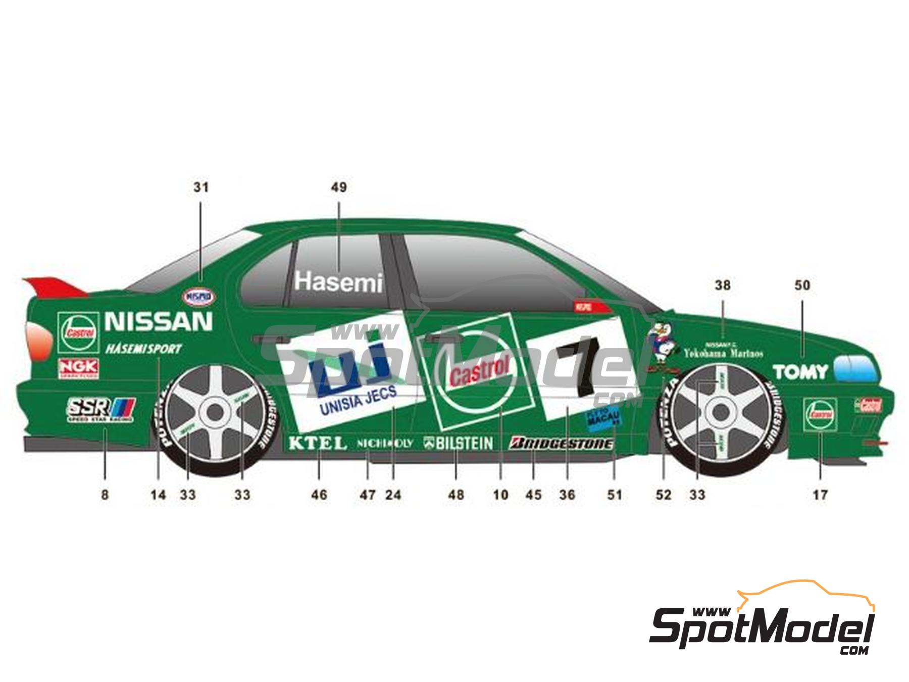 Image 7: Nissan Primera Equipo Hasemi Motorsport patrocinado por Castrol, Unisia Jecs - Campeonato Japones de Turismos (JTCC), Guia Race de Macau 1994 | Decoraci&oacute;n en escala&nbsp;1/24 fabricado por SK Decals (ref.&nbsp;SK-24132, tambien SK24132)
