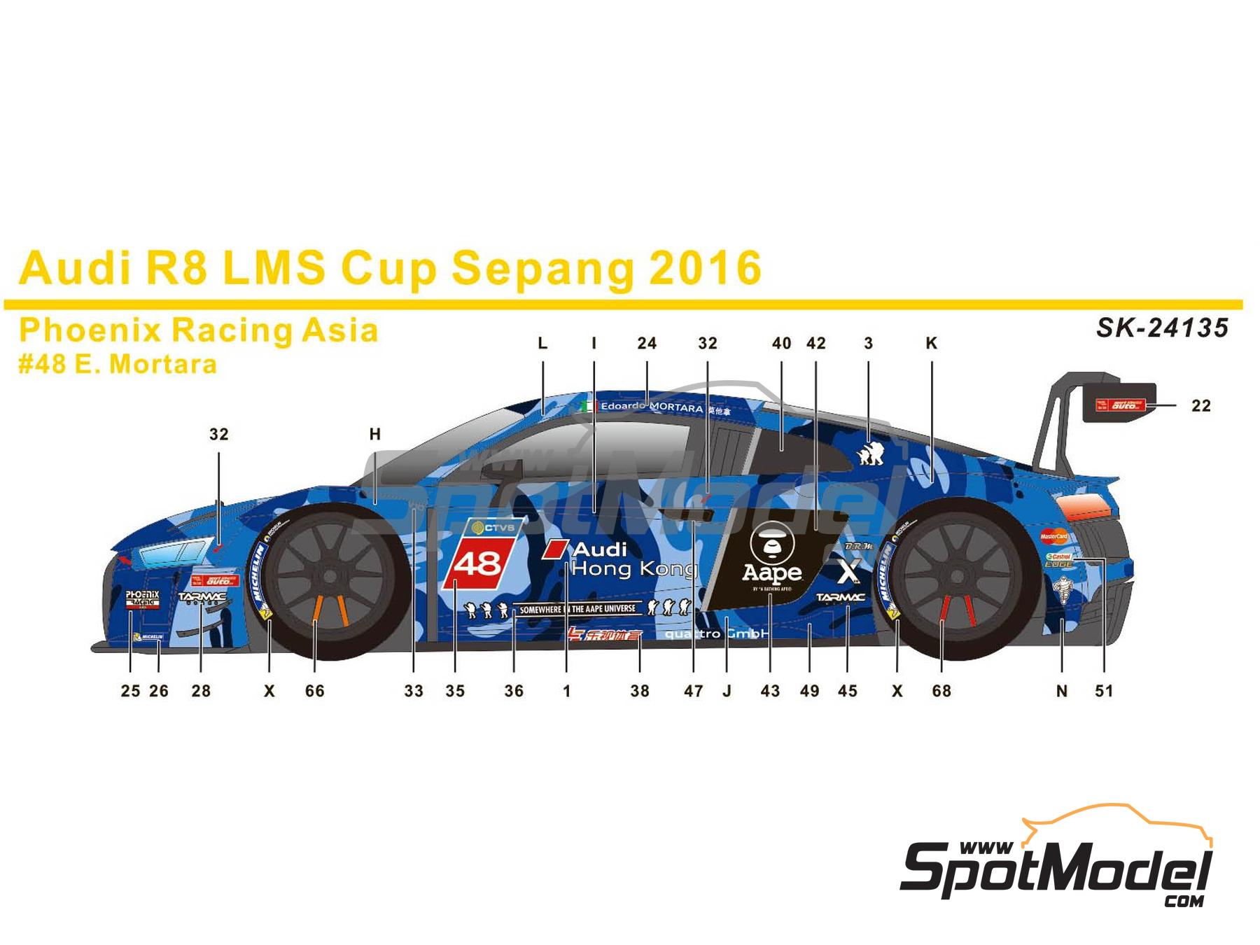 Image 1: Audi R8 LMS GT3 Phoenix Racing Asia Team sponsored by Aape - Asian Audi R8 LMS Cup Sepang 2016 | Marking / livery in 1/24 scale manufactured by SK Decals (ref.&nbsp;SK-24135, also SK24135)