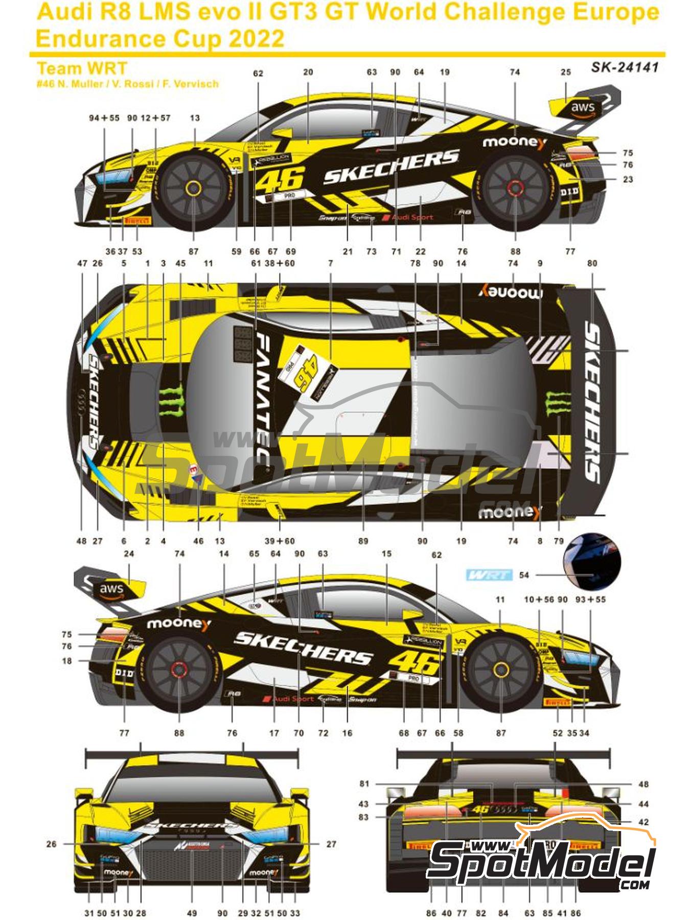 SK Decals SK24141: Marking / livery 1/24 scale - Audi R8 LMS GT3 Evo WRT  Team sponsored by Skechers #46 - Valentino Rossi (IT) + Frederic Vervisch  (BE) + Nico Müller (CH) 
