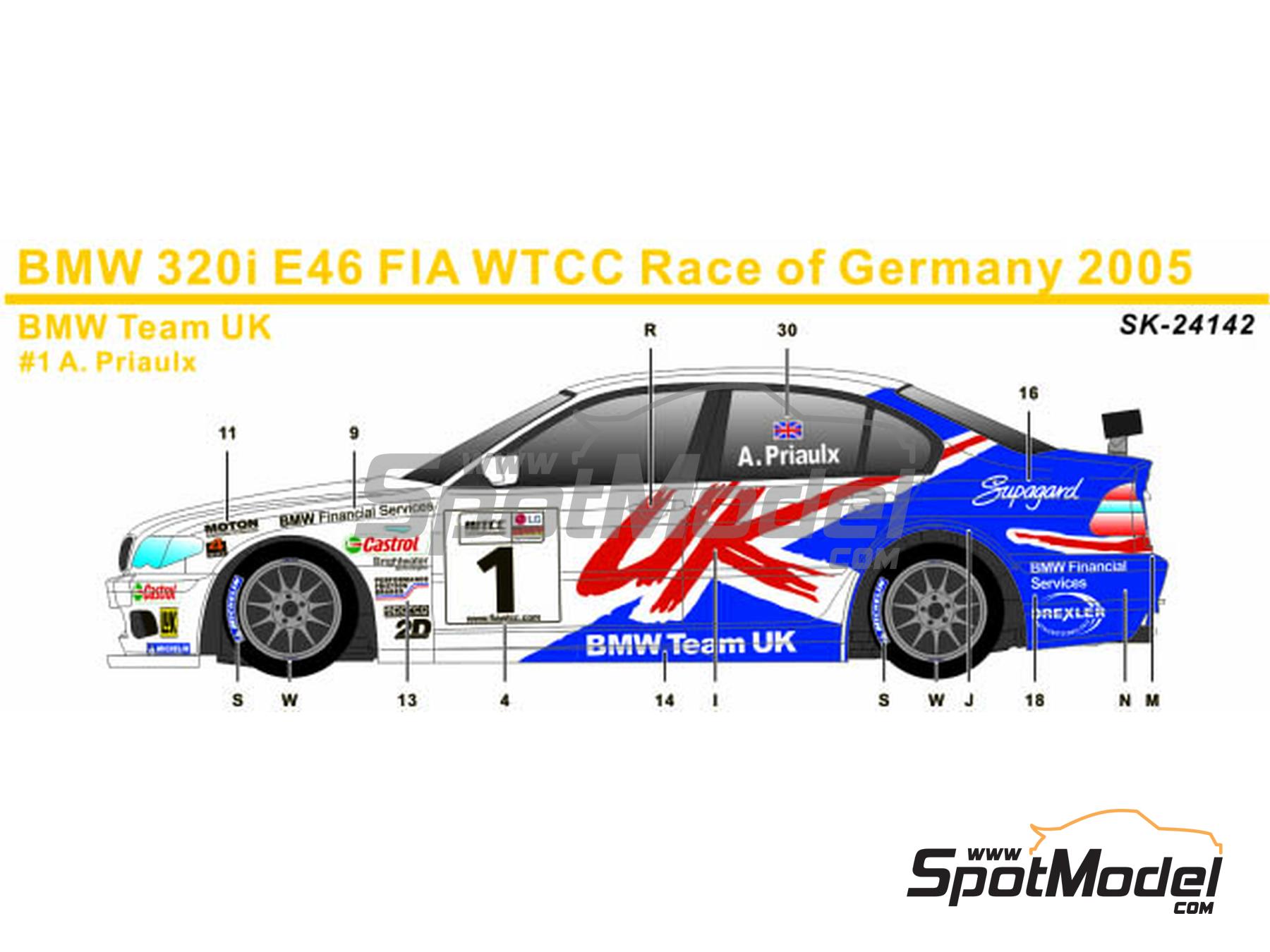 Image 1: BMW 320i E46 Equipo BMW Team UK - Campeonato del Mundo de Turismos (WTCC) 2005 | Decoraci&oacute;n en escala&nbsp;1/24 fabricado por SK Decals (ref.&nbsp;SK-24142, tambien SK24142)