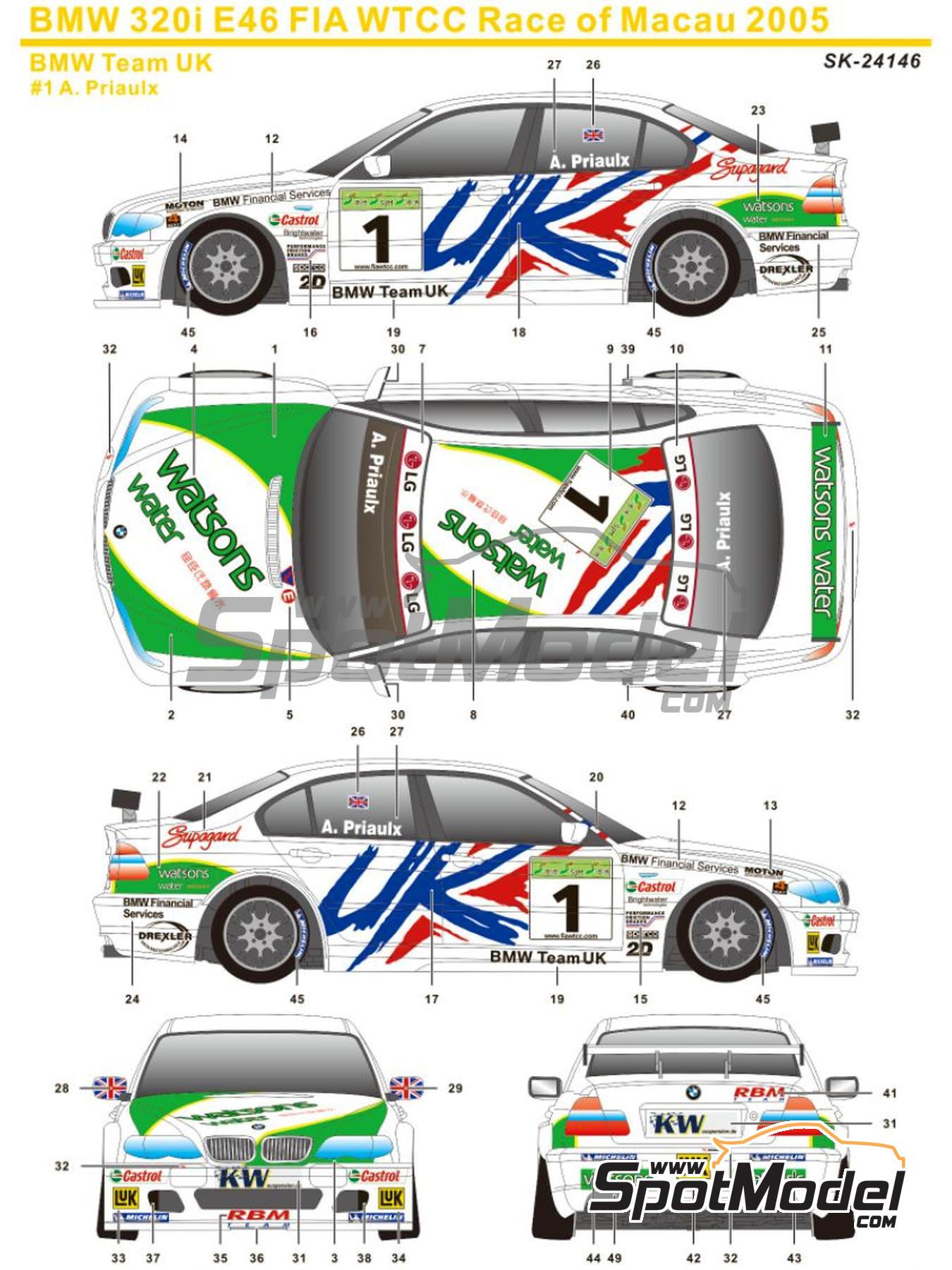 BMW 320i E46 BMW UK Team sponsored by Watsons water - Guia Race of Macau  2005. Marking / livery in 1/24 scale manufactured by SK Decals (ref.  SK-24146