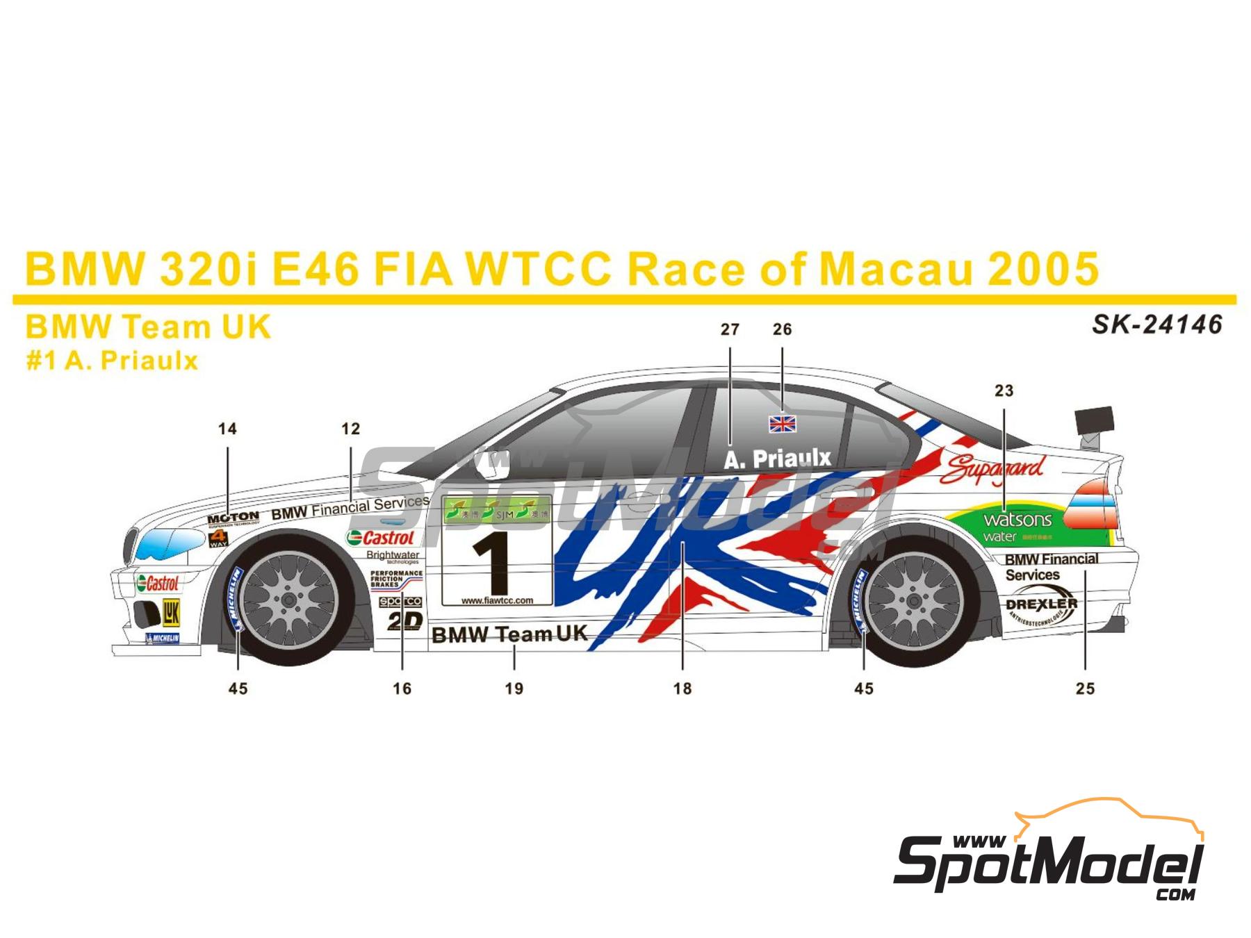 Image 1: BMW 320i E46 Equipo BMW UK patrocinado por Watsons water - Guia Race de Macau 2005 | Decoraci&oacute;n en escala&nbsp;1/24 fabricado por SK Decals (ref.&nbsp;SK-24146)