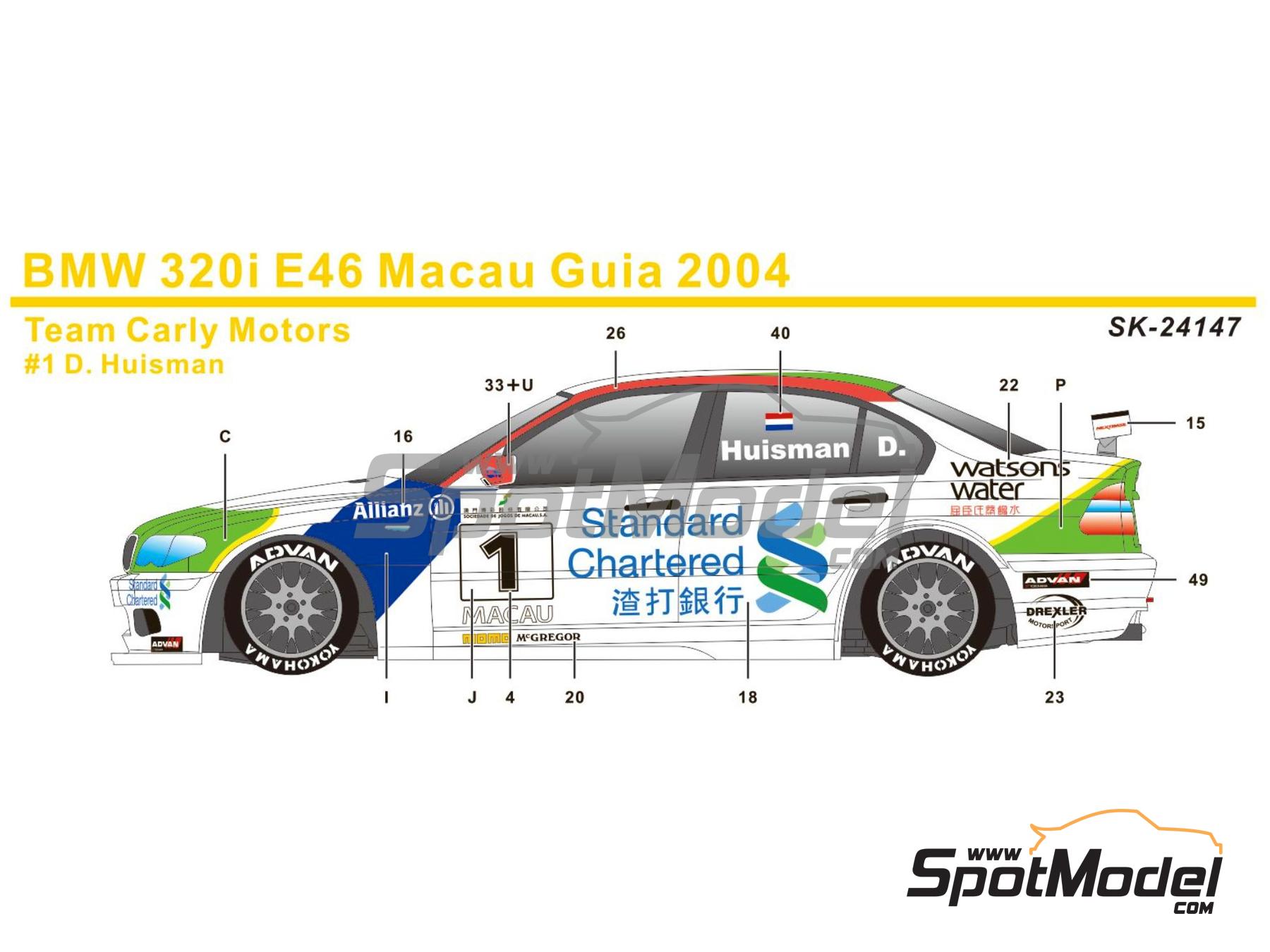 Image 1: BMW 320i E46 Equipo Carly Motors patrocinado por Watsons water - Guia Race de Macau 2004 | Decoraci&oacute;n en escala&nbsp;1/24 fabricado por SK Decals (ref.&nbsp;SK-24147, tambien SK24147)