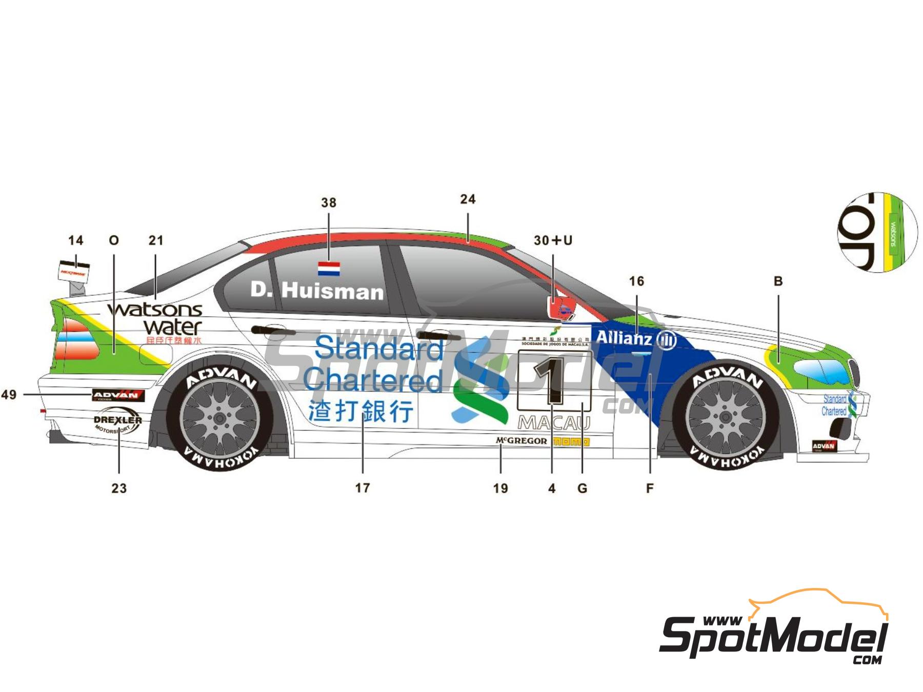 Image 3: BMW 320i E46 Equipo Carly Motors patrocinado por Watsons water - Guia Race de Macau 2004 | Decoraci&oacute;n en escala&nbsp;1/24 fabricado por SK Decals (ref.&nbsp;SK-24147, tambien SK24147)