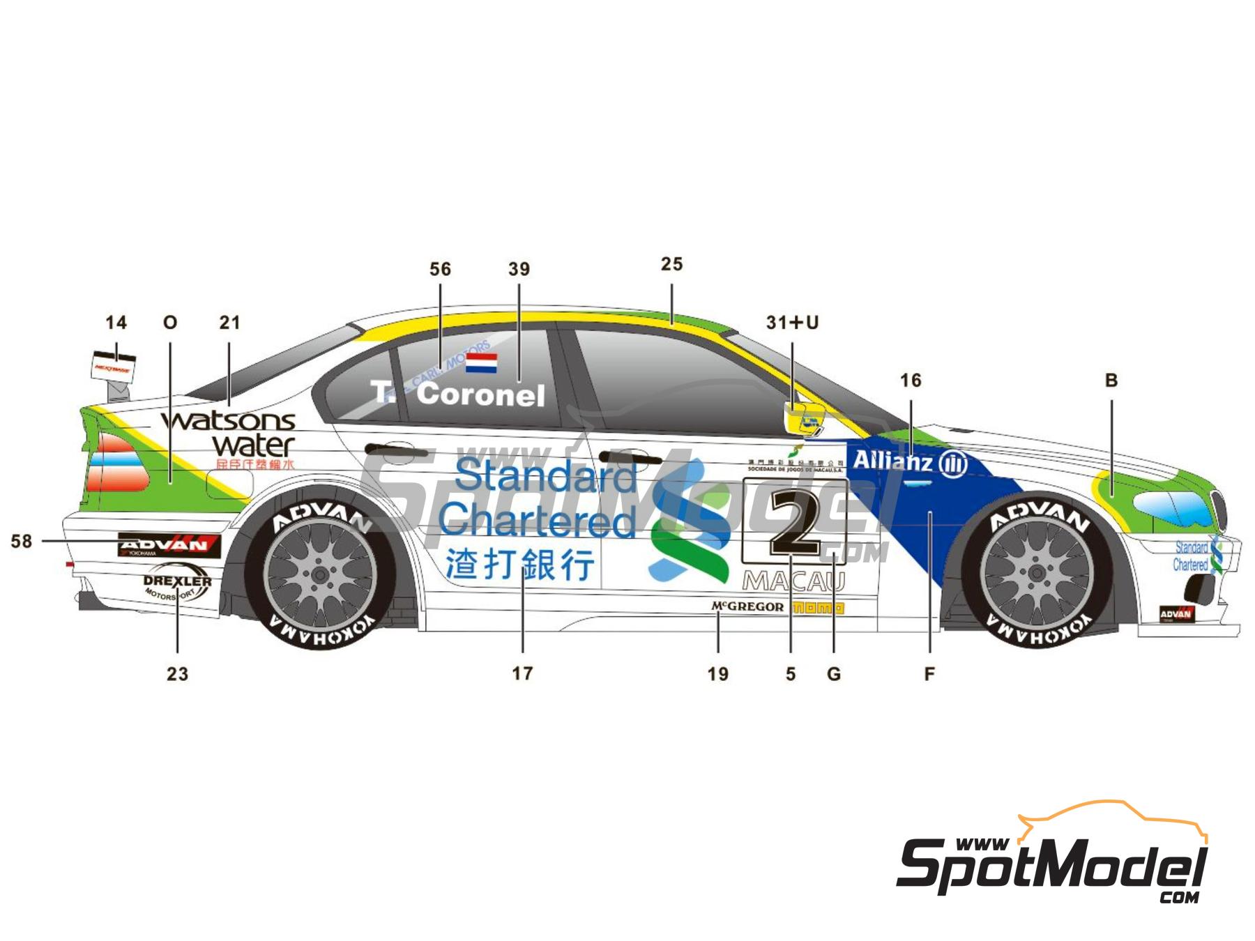 Image 7: BMW 320i E46 Equipo Carly Motors patrocinado por Watsons water - Guia Race de Macau 2004 | Decoraci&oacute;n en escala&nbsp;1/24 fabricado por SK Decals (ref.&nbsp;SK-24147, tambien SK24147)