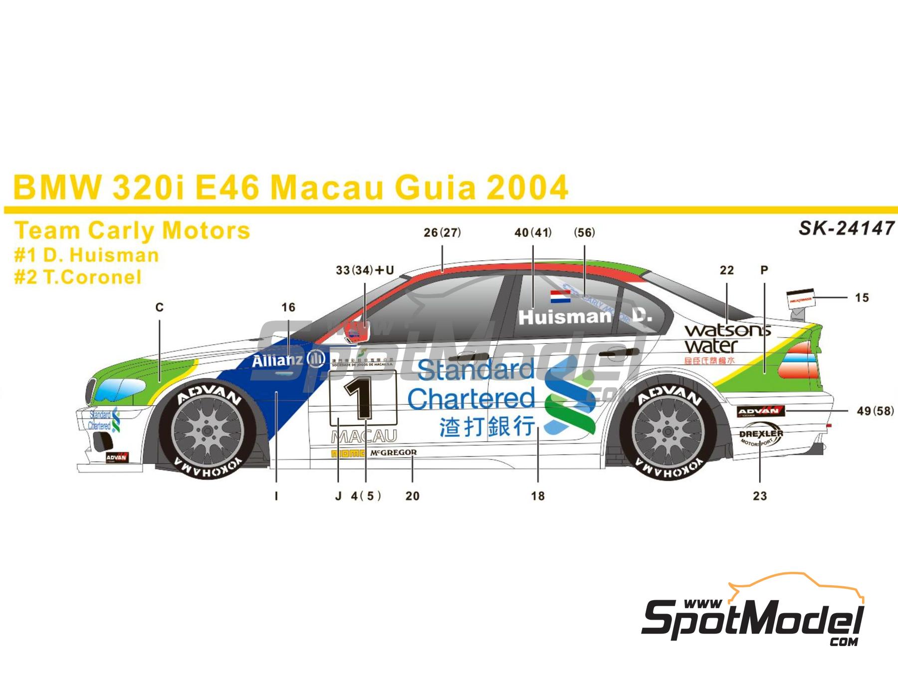 Image 9: BMW 320i E46 Equipo Carly Motors patrocinado por Watsons water - Guia Race de Macau 2004 | Decoraci&oacute;n en escala&nbsp;1/24 fabricado por SK Decals (ref.&nbsp;SK-24147, tambien SK24147)