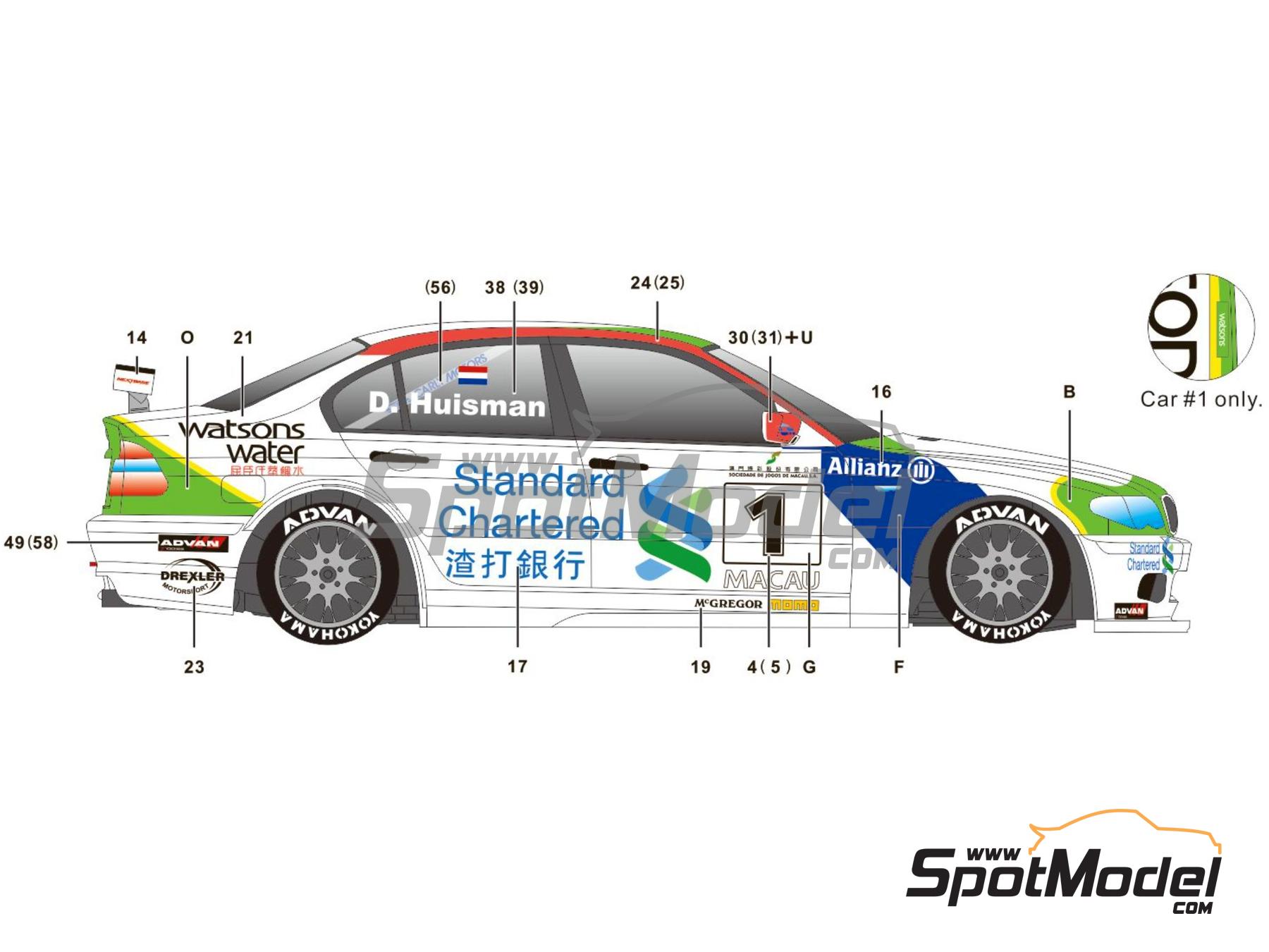 Image 11: BMW 320i E46 Equipo Carly Motors patrocinado por Watsons water - Guia Race de Macau 2004 | Decoraci&oacute;n en escala&nbsp;1/24 fabricado por SK Decals (ref.&nbsp;SK-24147, tambien SK24147)