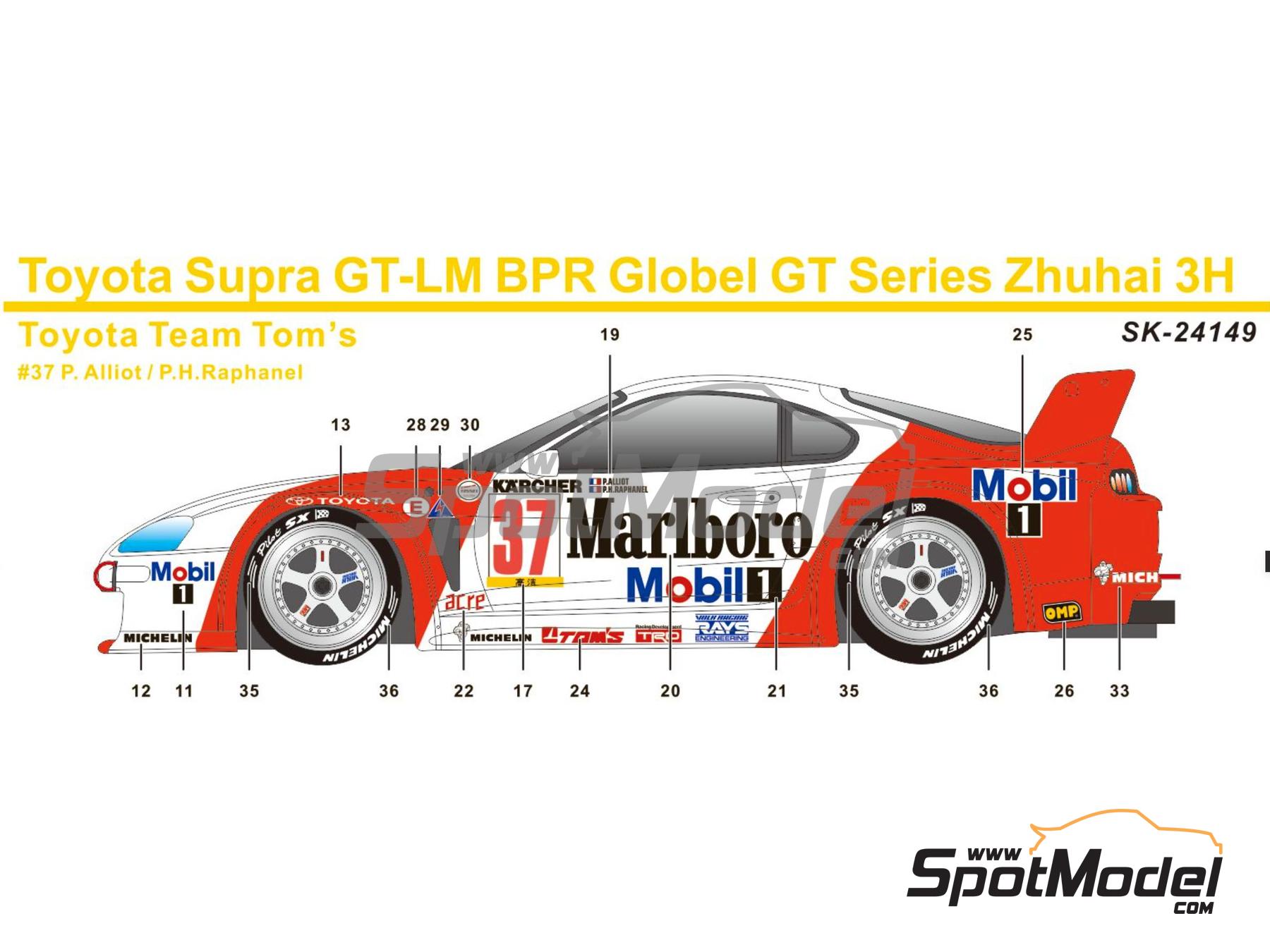 Image 5: Toyota Supra GT Equipo Toyota Tom's patrocinado por Marlboro - BPR Global GT Series Zhuhai 1995 | Decoraci&oacute;n en escala&nbsp;1/24 fabricado por SK Decals (ref.&nbsp;SK-24149, tambien SK24149)