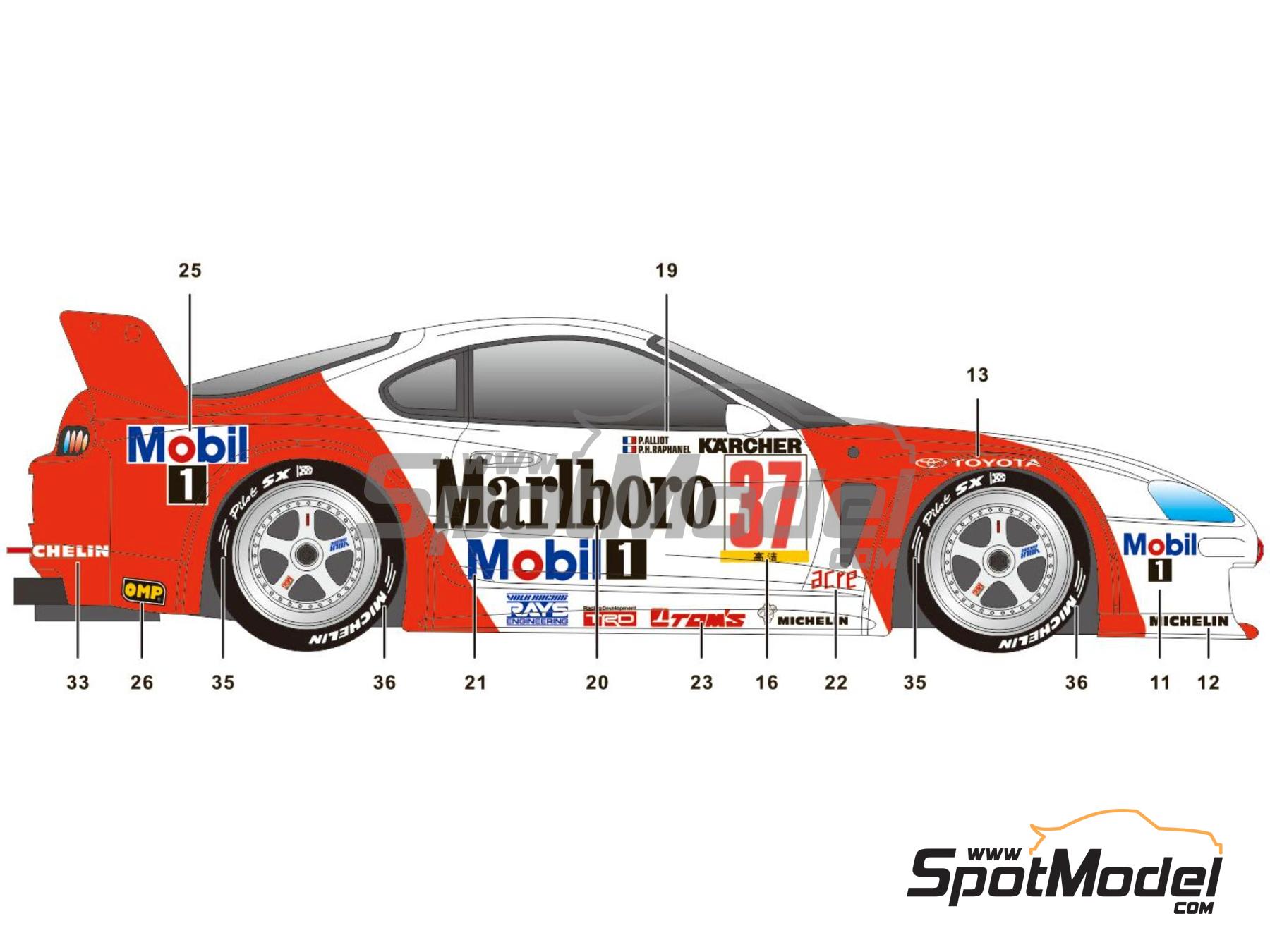 Image 7: Toyota Supra GT Equipo Toyota Tom's patrocinado por Marlboro - BPR Global GT Series Zhuhai 1995 | Decoraci&oacute;n en escala&nbsp;1/24 fabricado por SK Decals (ref.&nbsp;SK-24149, tambien SK24149)