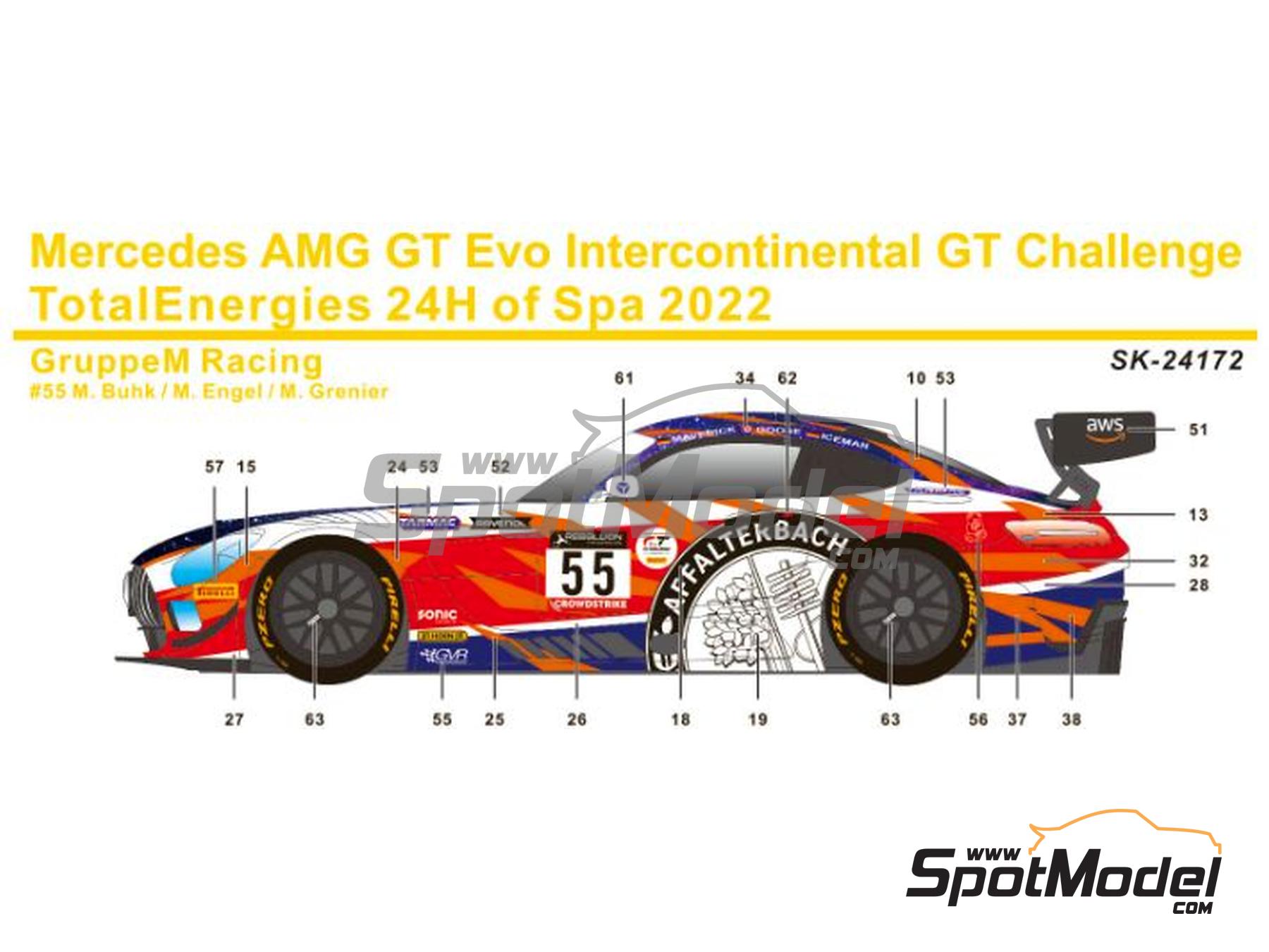 Image 1: Mercedes AMG GT3 Evo GruppeM Racing Team sponsored by Affalterbach - TotalEnergies 24 hours of Spa 2022 | Marking / livery in 1/24 scale manufactured by SK Decals (ref. SK-24172, also SK24172)