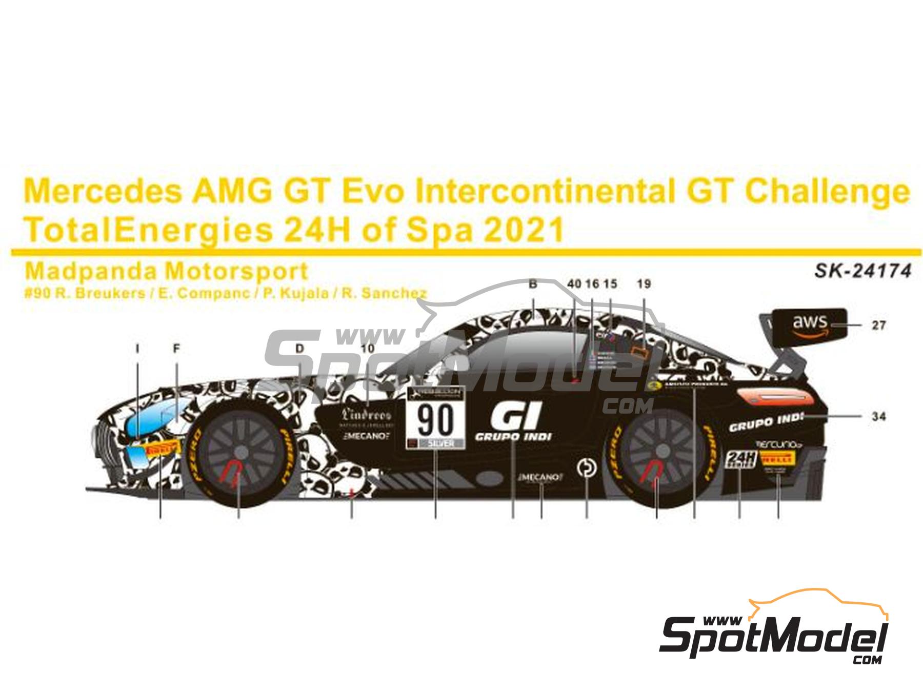 Image 2: Mercedes AMG GT3 Evo Equipo Madpanda Motorsport patrocinado por GI Grupo Indi - TotalEnergies 24 horas de Spa 2021 | Decoraci&oacute;n en escala&nbsp;1/24 fabricado por SK Decals (ref.&nbsp;SK-24174, tambien SK24174)