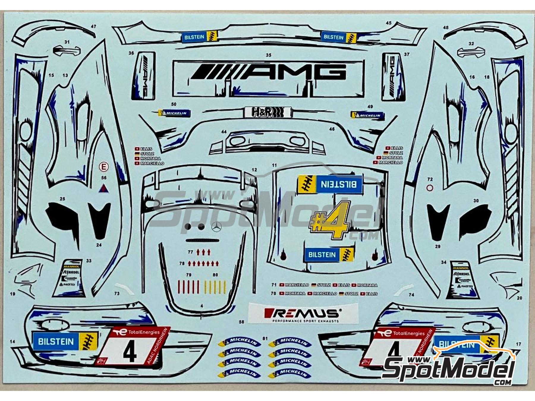 Image 7: Mercedes AMG GT3 Evo Equipo Haupt Racing patrocinado por Bilstein - 24 Horas de N&uuml;rburgring 2023 | Decoraci&oacute;n en escala&nbsp;1/24 fabricado por SK Decals (ref.&nbsp;SK-24175)