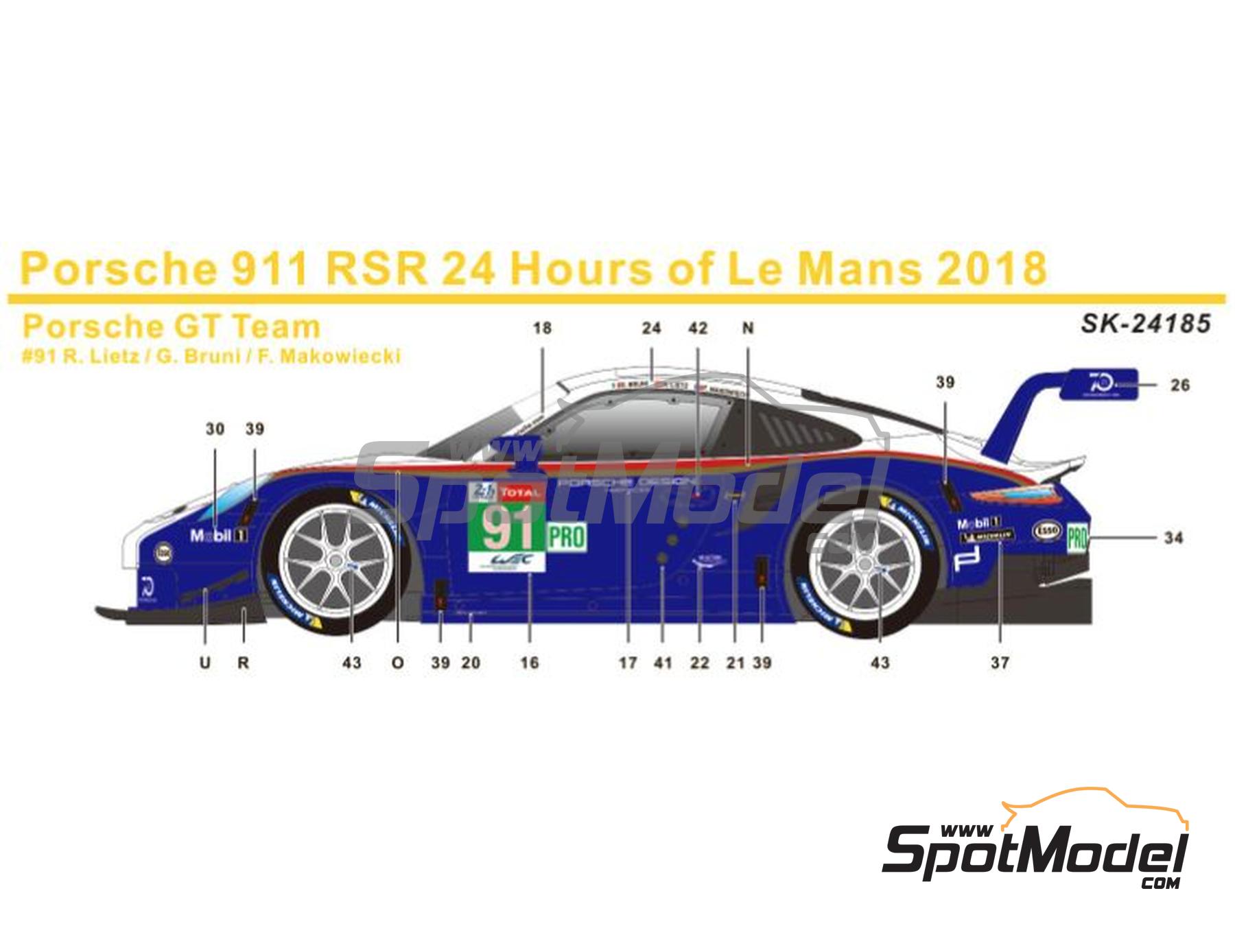 Image 1: Porsche 911 991 GT3 RSR Equipo Porsche GT - 24 Horas de Le Mans 2018 | Decoraci&oacute;n en escala&nbsp;1/24 fabricado por SK Decals (ref.&nbsp;SK-24185, tambien SK24185)