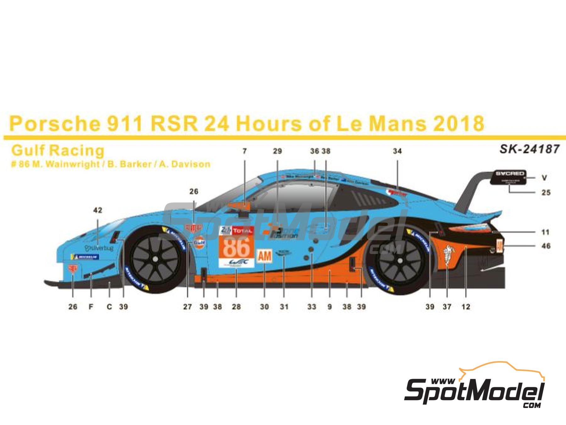 Image 1: Porsche 911 991 GT3 RSR Gulf Racing Team - 24 Hours Le Mans 2018 | Marking / livery in 1/24 scale manufactured by SK Decals (ref. SK-24187, also SK24187)