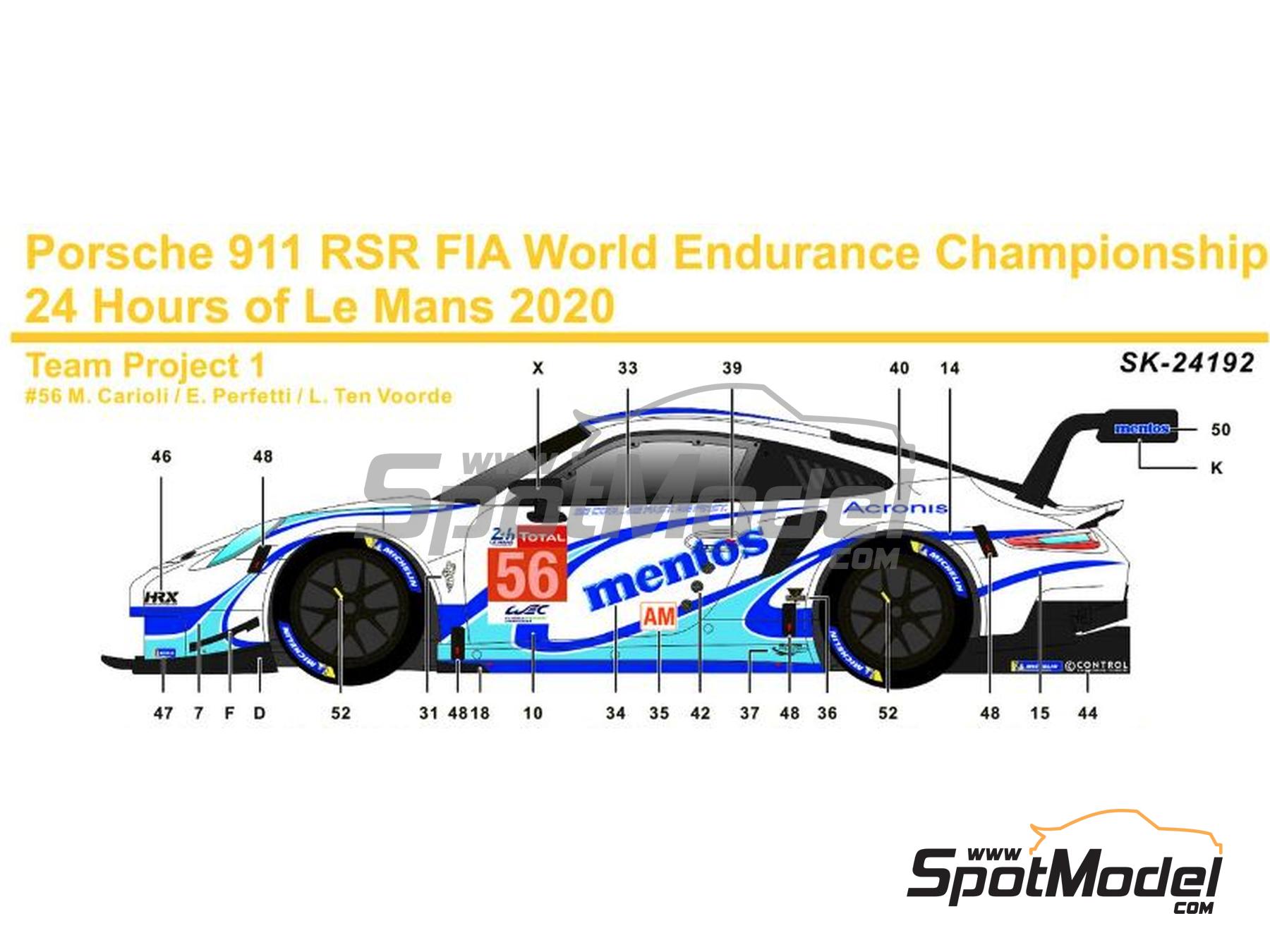 Image 1: Porsche 911 GT3 RSR Project 1 Team sponsored by Mentos - 24 Hours Le Mans 2020 | Marking / livery in 1/24 scale manufactured by SK Decals (ref. SK-24192, also SK24192)
