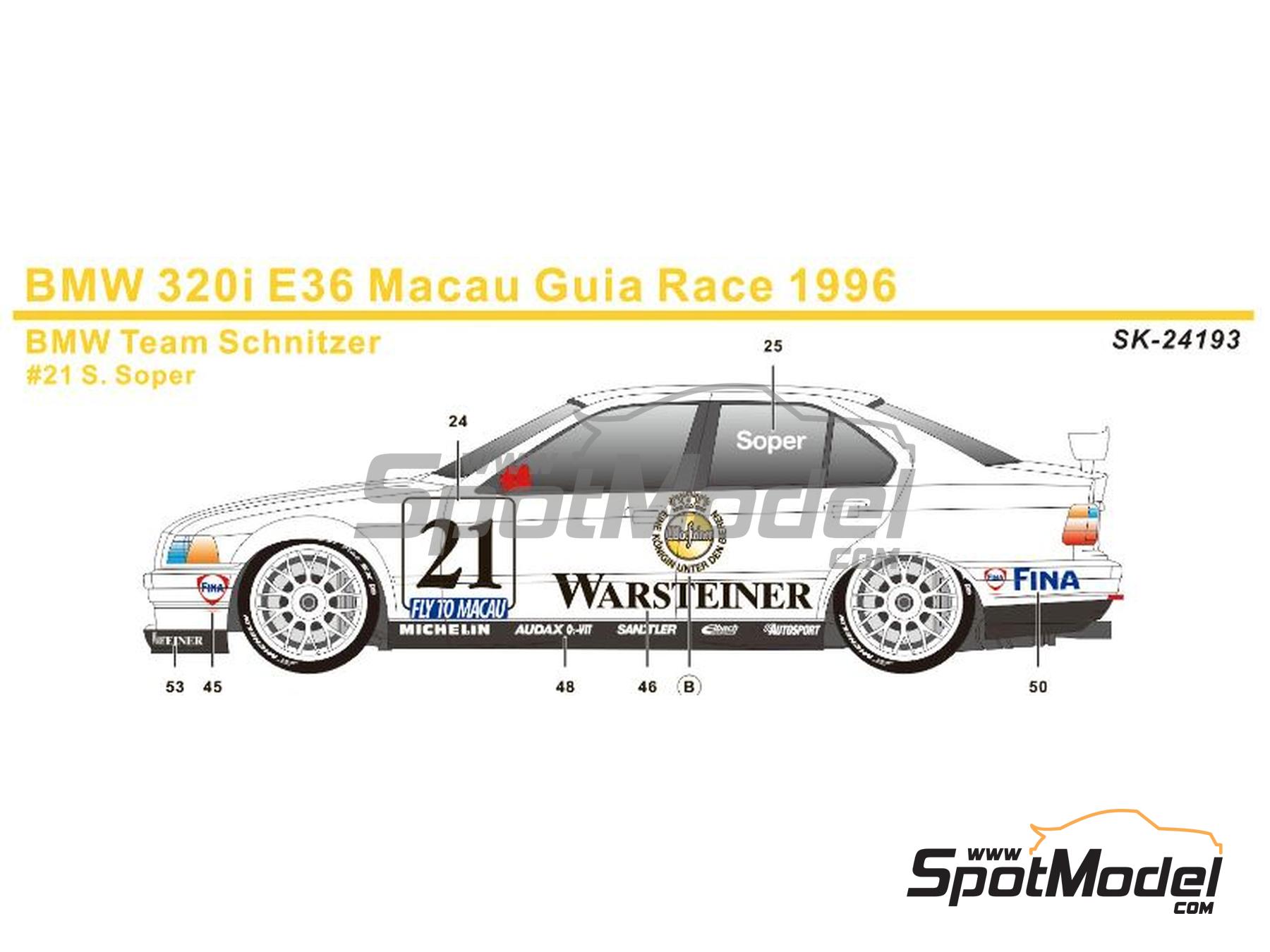 Image 5: BMW 320i E36 Schnitzer Team sponsored by Warsteiner - Guia Race of Macau 1996 | Marking / livery in 1/24 scale manufactured by SK Decals (ref.&nbsp;SK-24193, also SK24193)