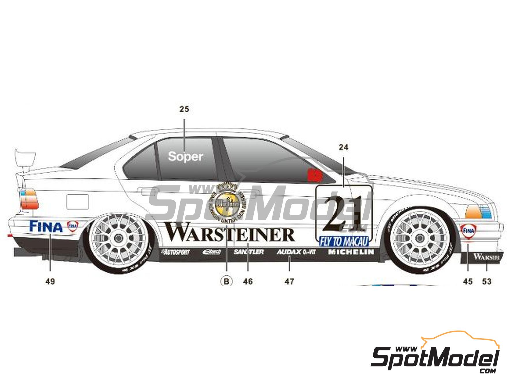 Image 7: BMW 320i E36 Schnitzer Team sponsored by Warsteiner - Guia Race of Macau 1996 | Marking / livery in 1/24 scale manufactured by SK Decals (ref.&nbsp;SK-24193, also SK24193)
