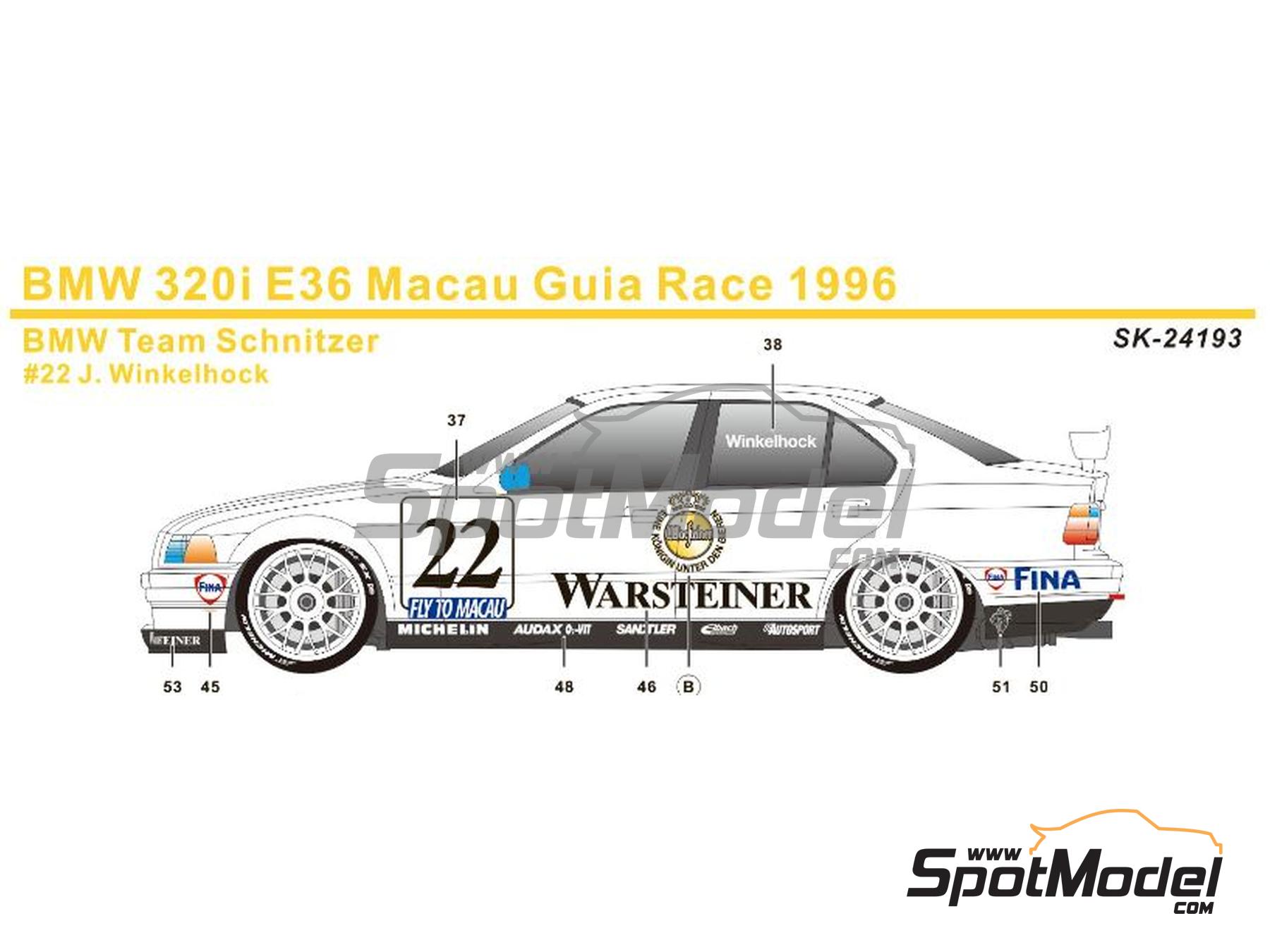 Image 9: BMW 320i E36 Schnitzer Team sponsored by Warsteiner - Guia Race of Macau 1996 | Marking / livery in 1/24 scale manufactured by SK Decals (ref.&nbsp;SK-24193, also SK24193)