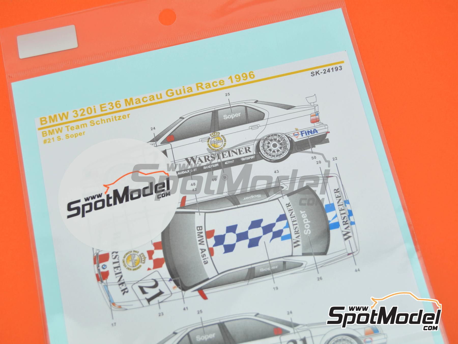 Image 15: BMW 320i E36 Schnitzer Team sponsored by Warsteiner - Guia Race of Macau 1996 | Marking / livery in 1/24 scale manufactured by SK Decals (ref.&nbsp;SK-24193, also SK24193)