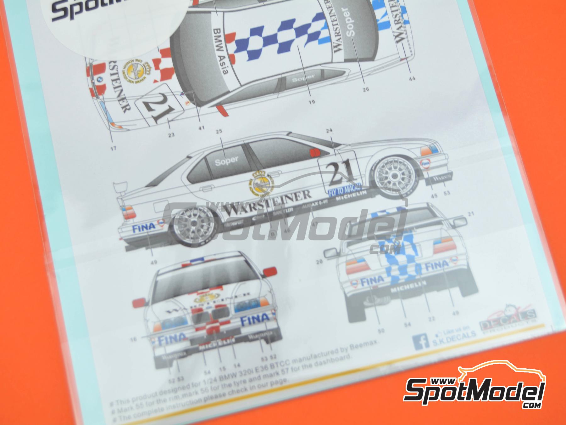 Image 16: BMW 320i E36 Schnitzer Team sponsored by Warsteiner - Guia Race of Macau 1996 | Marking / livery in 1/24 scale manufactured by SK Decals (ref.&nbsp;SK-24193, also SK24193)
