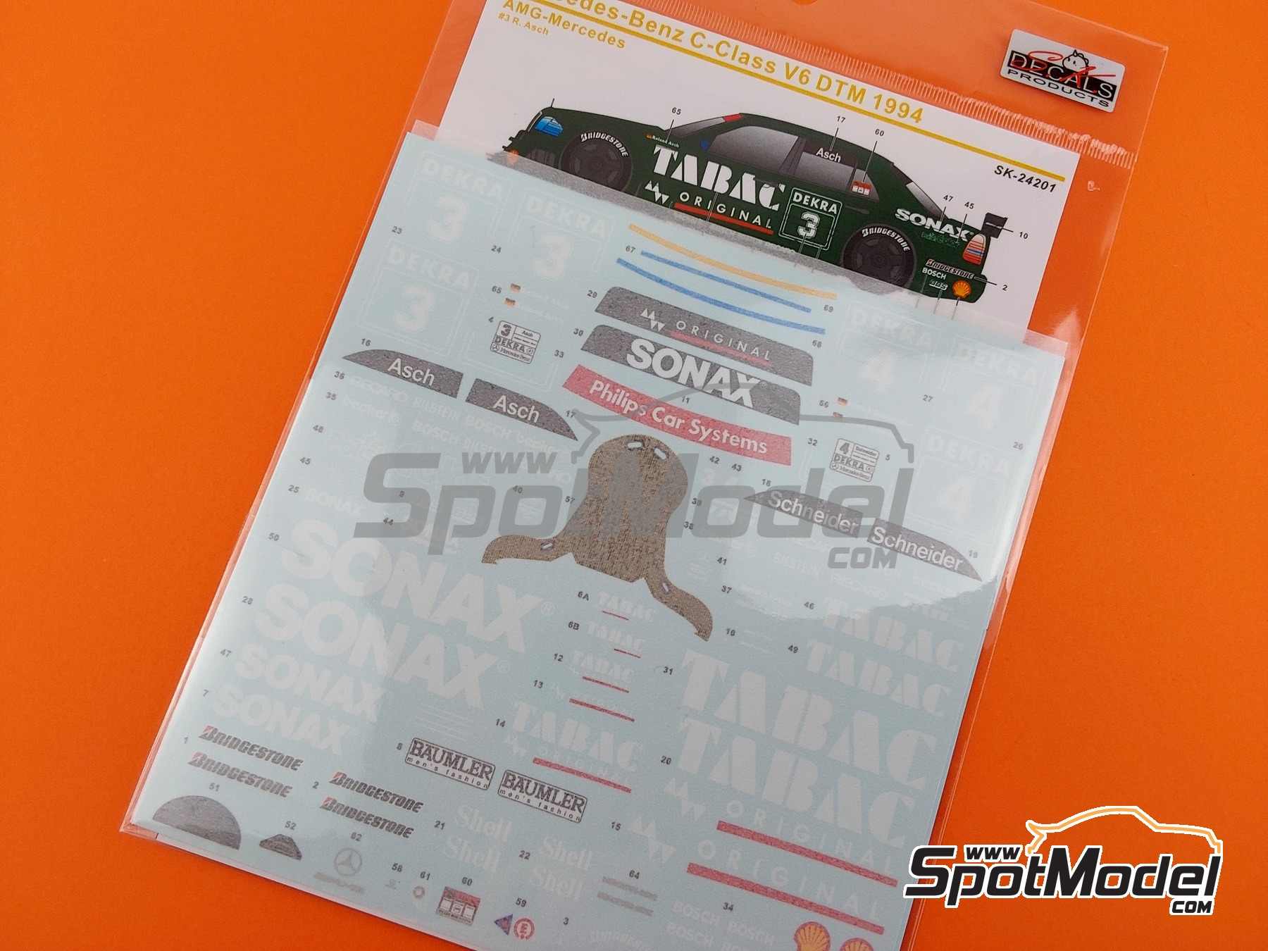 Image 12: Mercedes-Benz C-Class V6 Equipo AMG-Mercedes patrocinado por Tabac Sonax - DTM - Deutsche Tourenwagen Masters 1994 | Decoraci&oacute;n en escala&nbsp;1/24 fabricado por SK Decals (ref.&nbsp;SK-24201, tambien SK24201)
